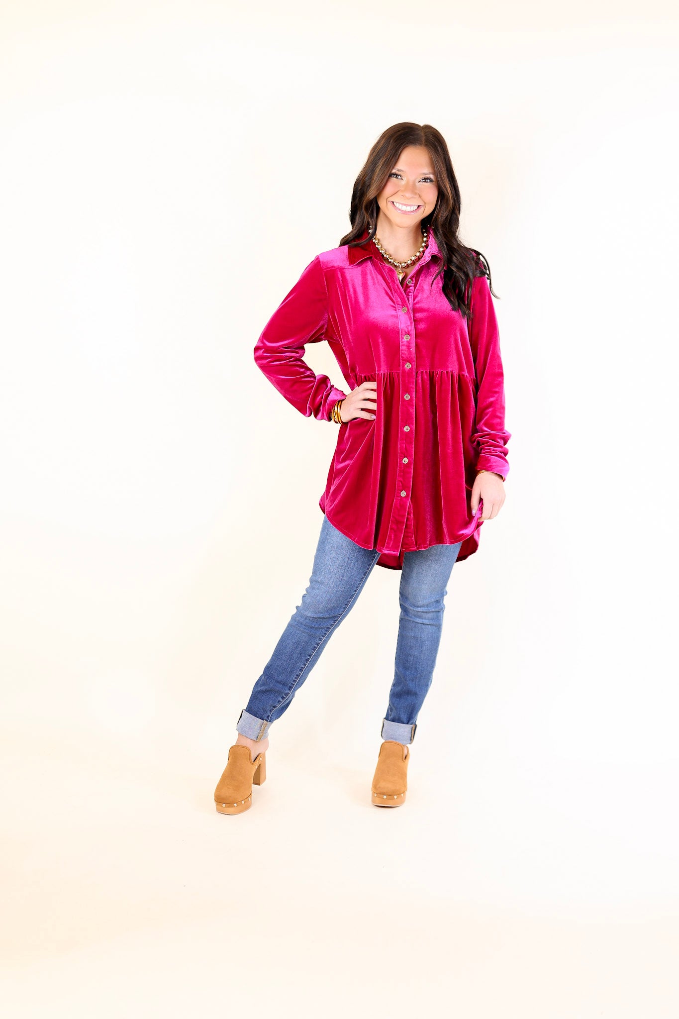 Call Me Yours Button Up Velvet Long Sleeve Babydoll Tunic Top in Raspberry Pink