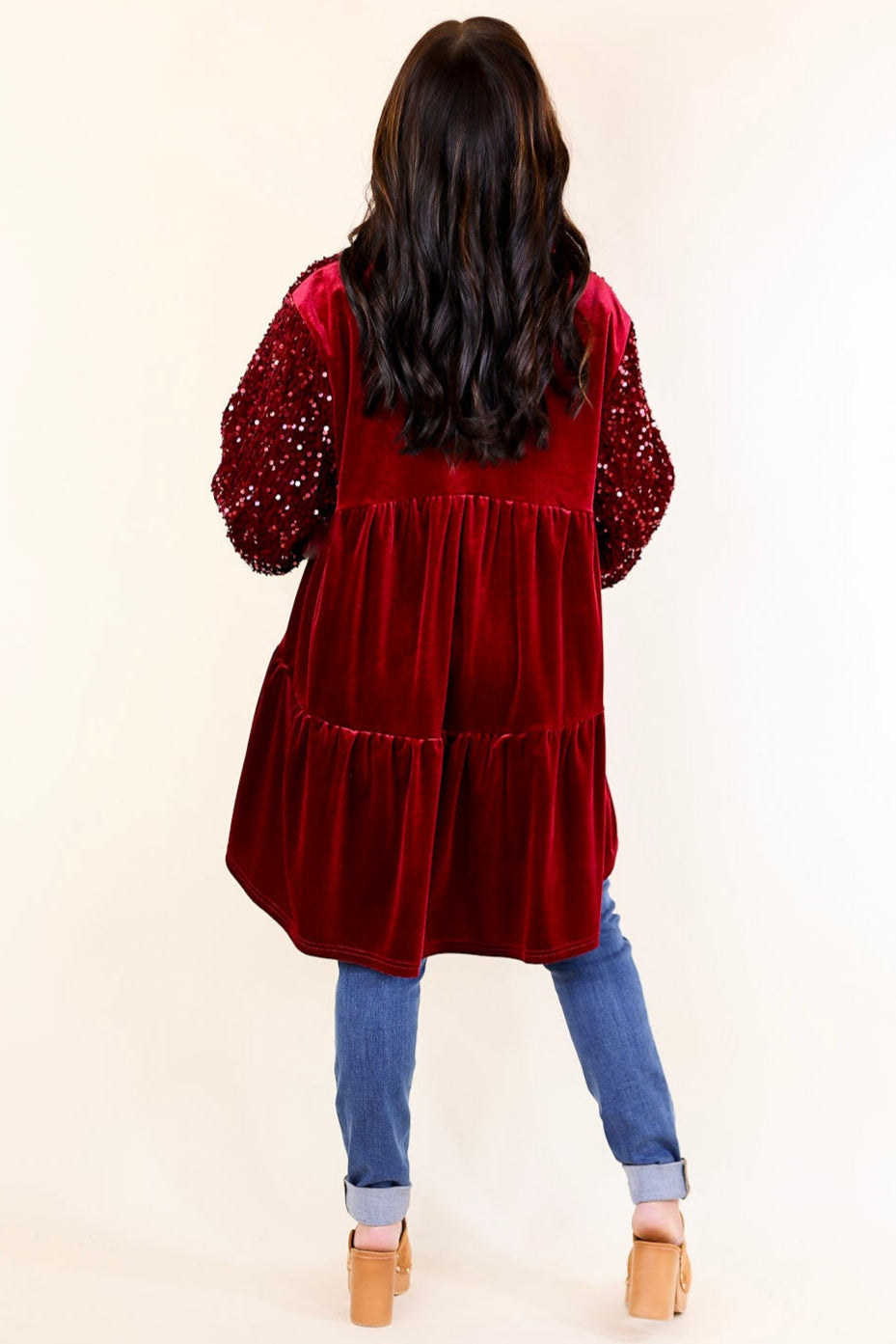 Love Link Button Up Velvet and Sequin Half Sleeve Babydoll Tunic Top in Wine Red