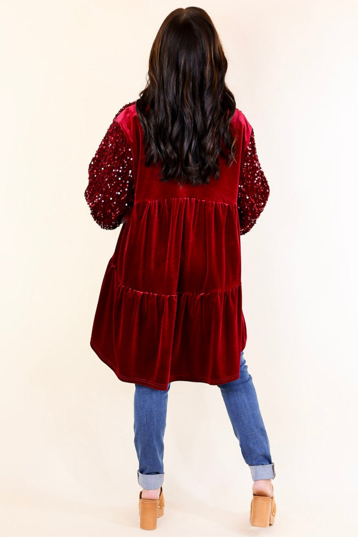 Love Link Button Up Velvet and Sequin Half Sleeve Babydoll Tunic Top in Wine Red
