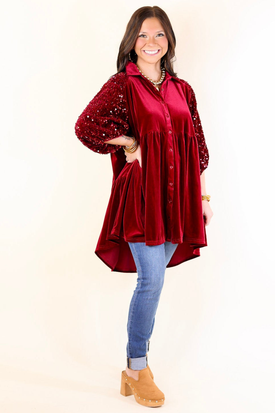 Love Link Button Up Velvet and Sequin Half Sleeve Babydoll Tunic Top in Wine Red