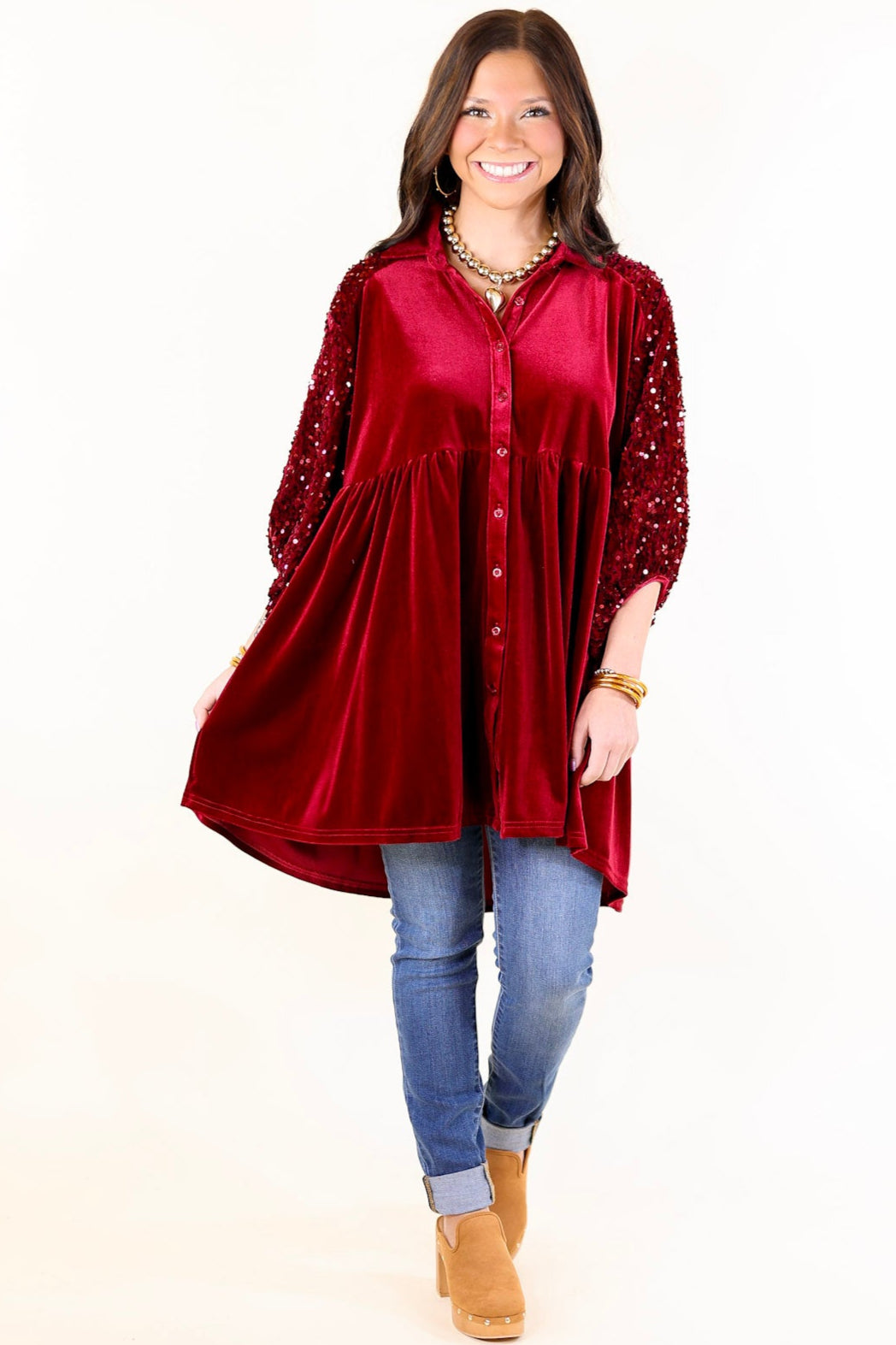 Love Link Button Up Velvet and Sequin Half Sleeve Babydoll Tunic Top in Wine Red