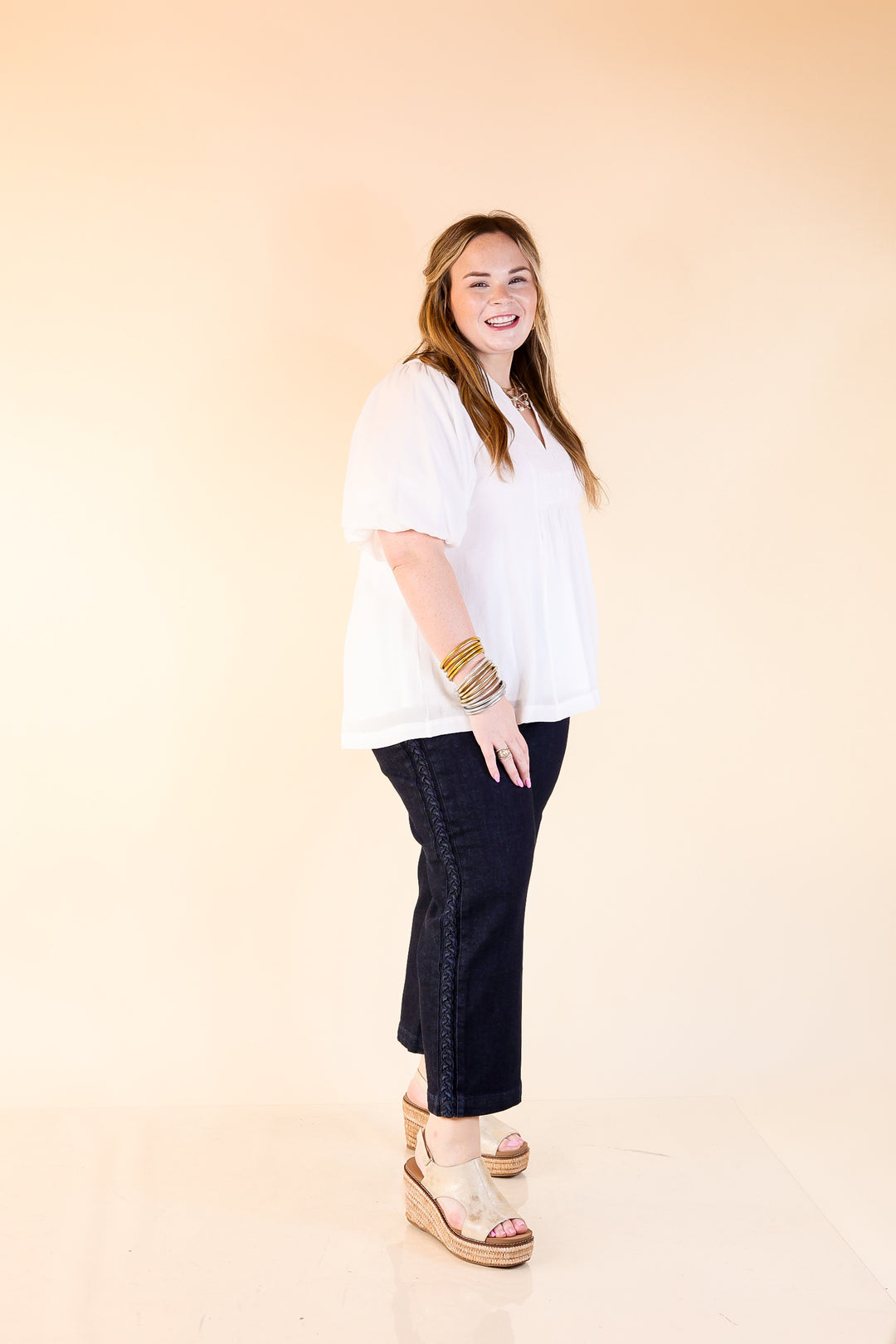 Judy Blue | Everyday Elegance Wide Leg Cropped Jean with Side Seam Braid in Dark Rinse Wash