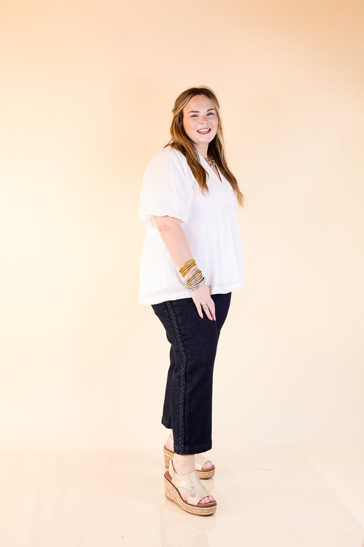 Judy Blue | Everyday Elegance Wide Leg Cropped Jean with Side Seam Braid in Dark Rinse Wash