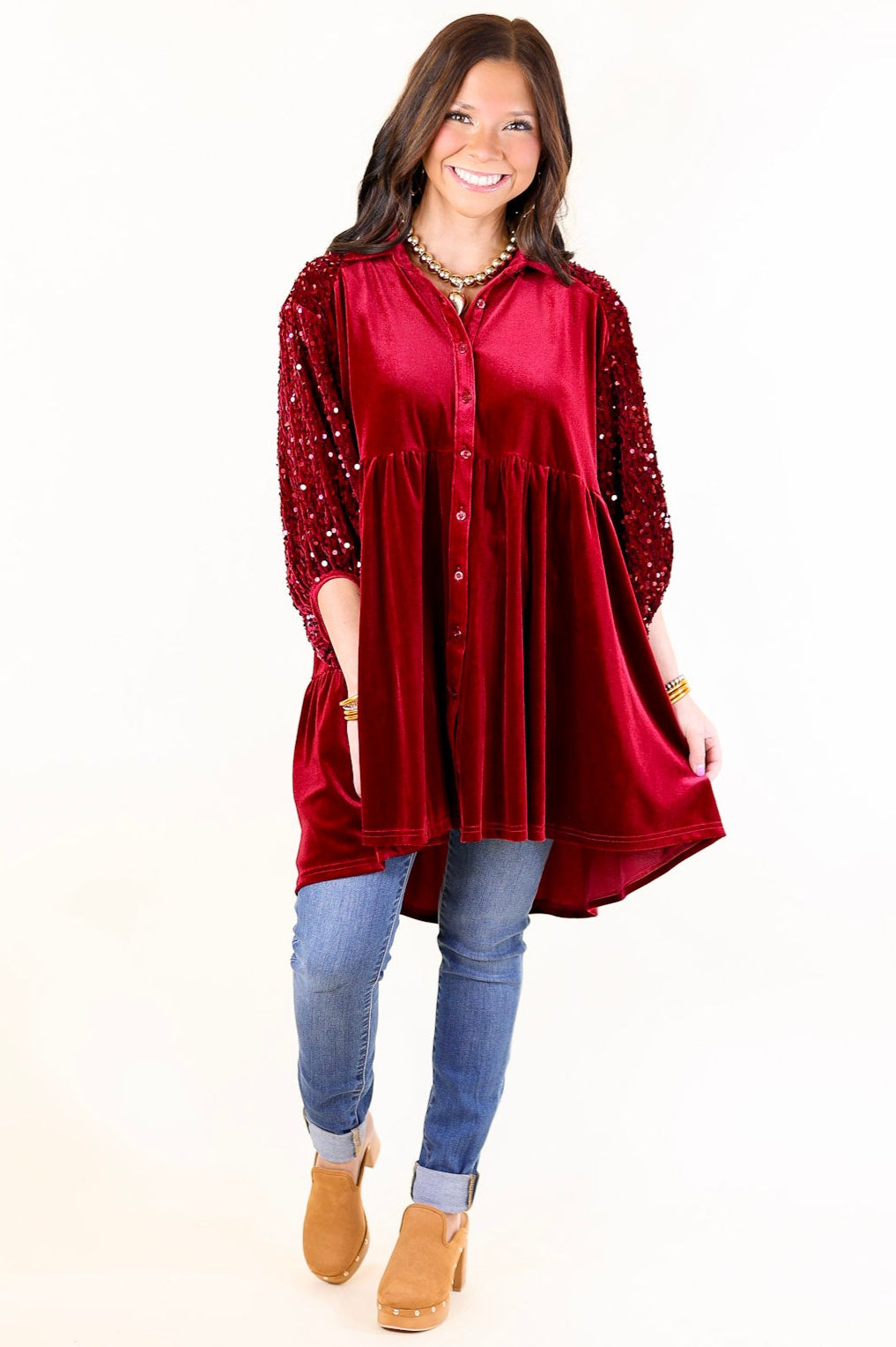 Love Link Button Up Velvet and Sequin Half Sleeve Babydoll Tunic Top in Wine Red