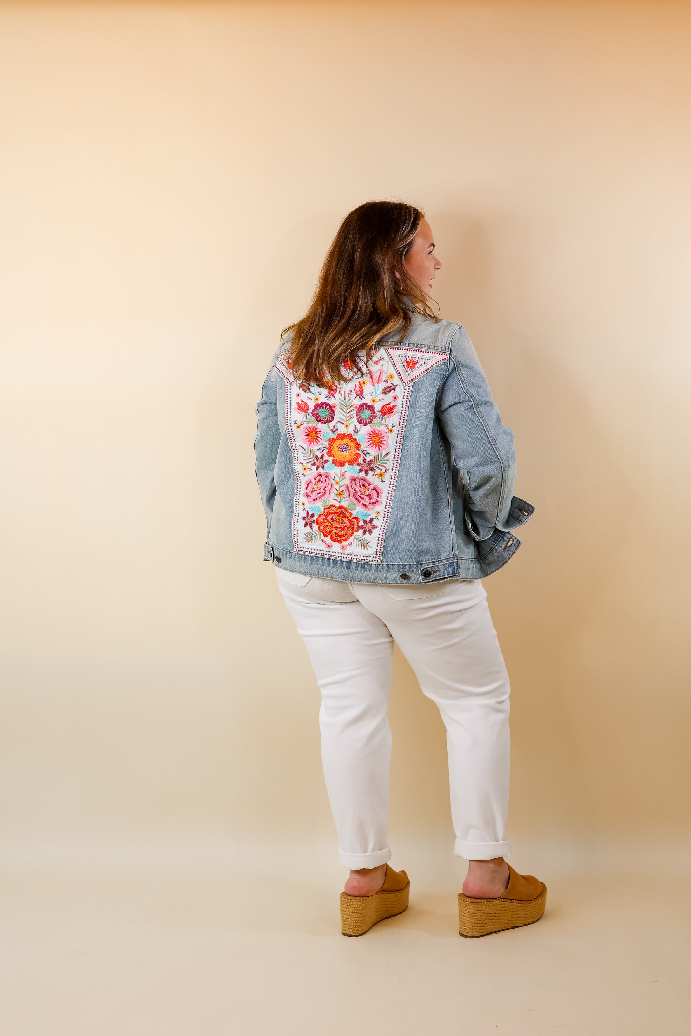 Prime Time Floral Embroidered Denim Jacket in Light Wash - Giddy Up Glamour Boutique