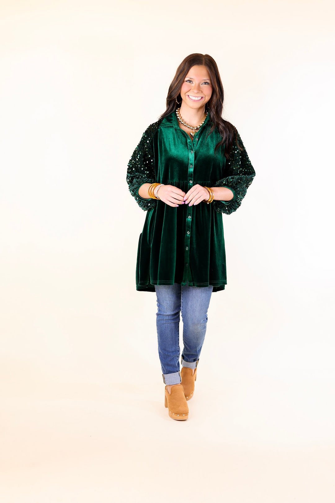 Love Link Button Up Velvet and Sequin Half Sleeve Babydoll Tunic Top in Hunter Green