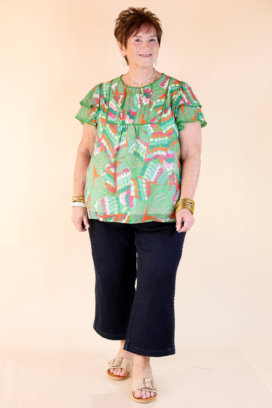 Lovely Dreams Abstract Print Blouse with Lace Detailing in Green