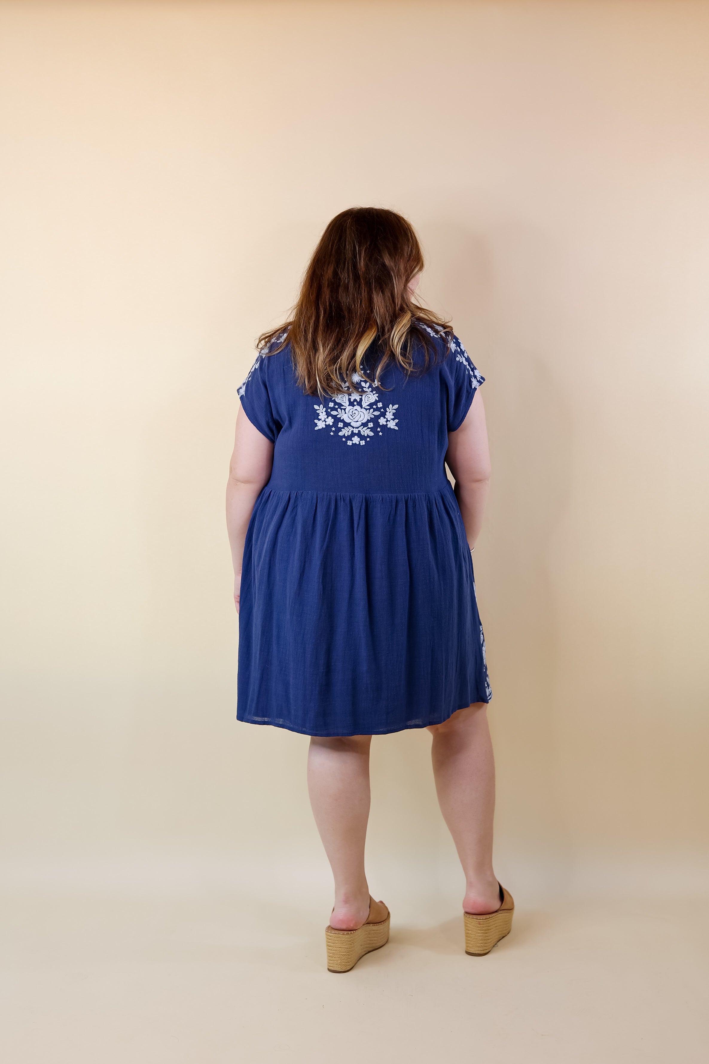 Nautical Blooms Quarter Button and Collar Embroidered Dress with Cap Sleeves in Navy Blue - Giddy Up Glamour Boutique