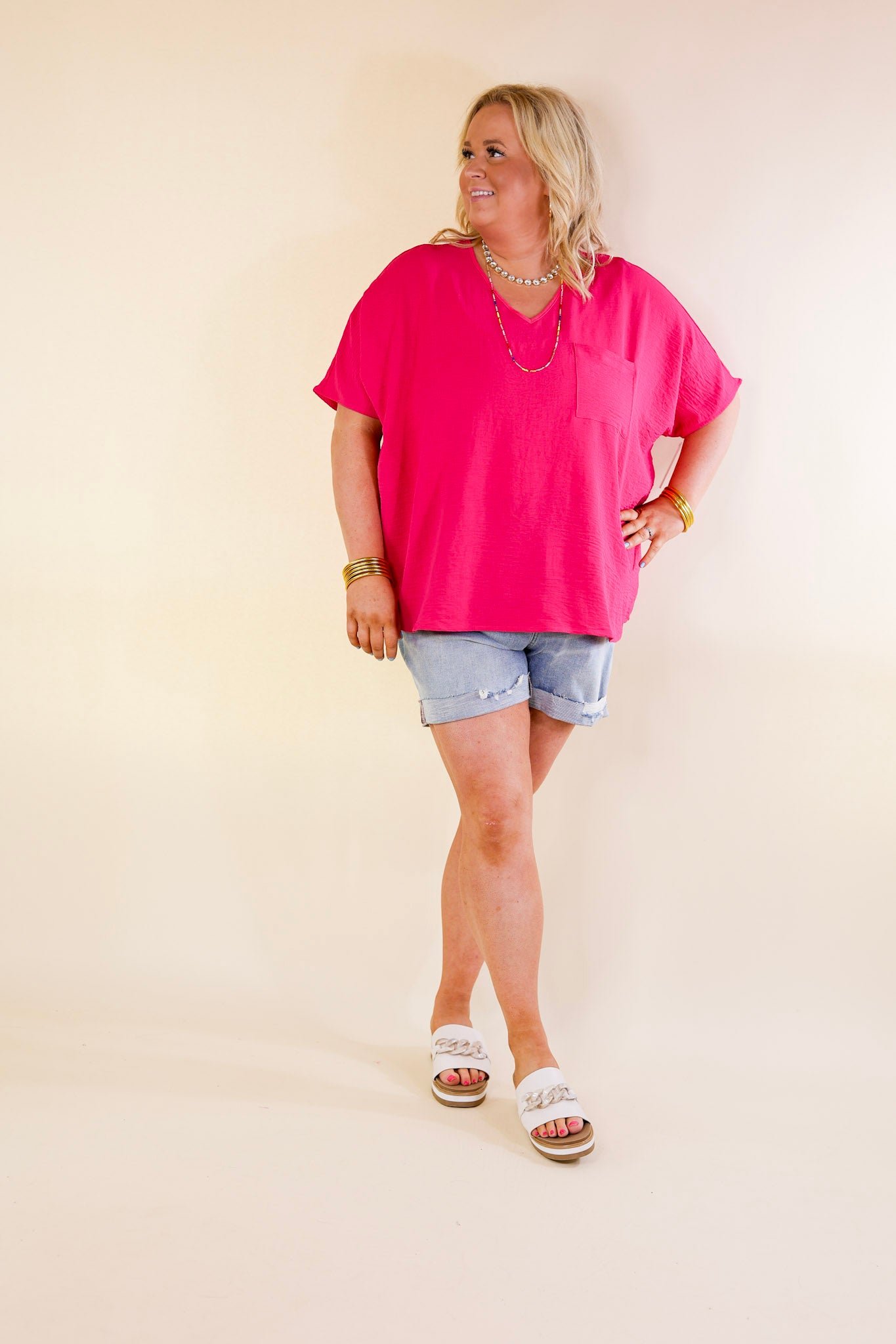 Try To Resist Short Sleeve V Neck Top with Front Pocket in Hot Pink