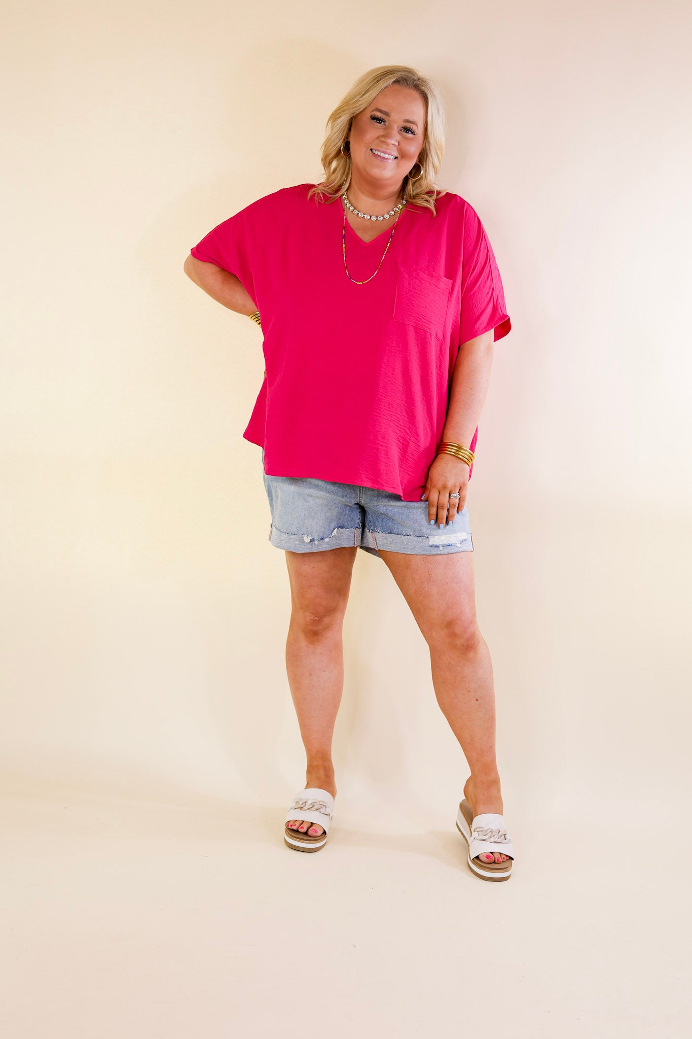 Try To Resist Short Sleeve V Neck Top with Front Pocket in Hot Pink