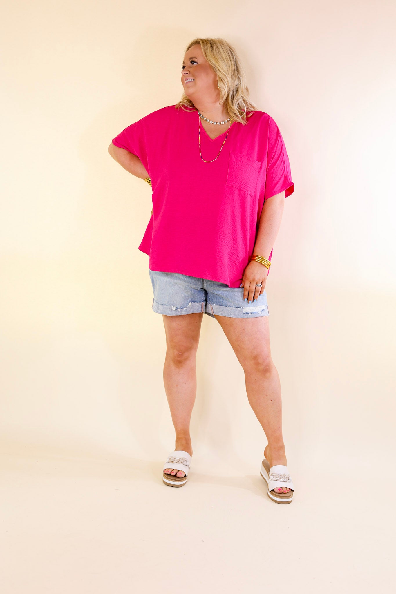 Try To Resist Short Sleeve V Neck Top with Front Pocket in Hot Pink