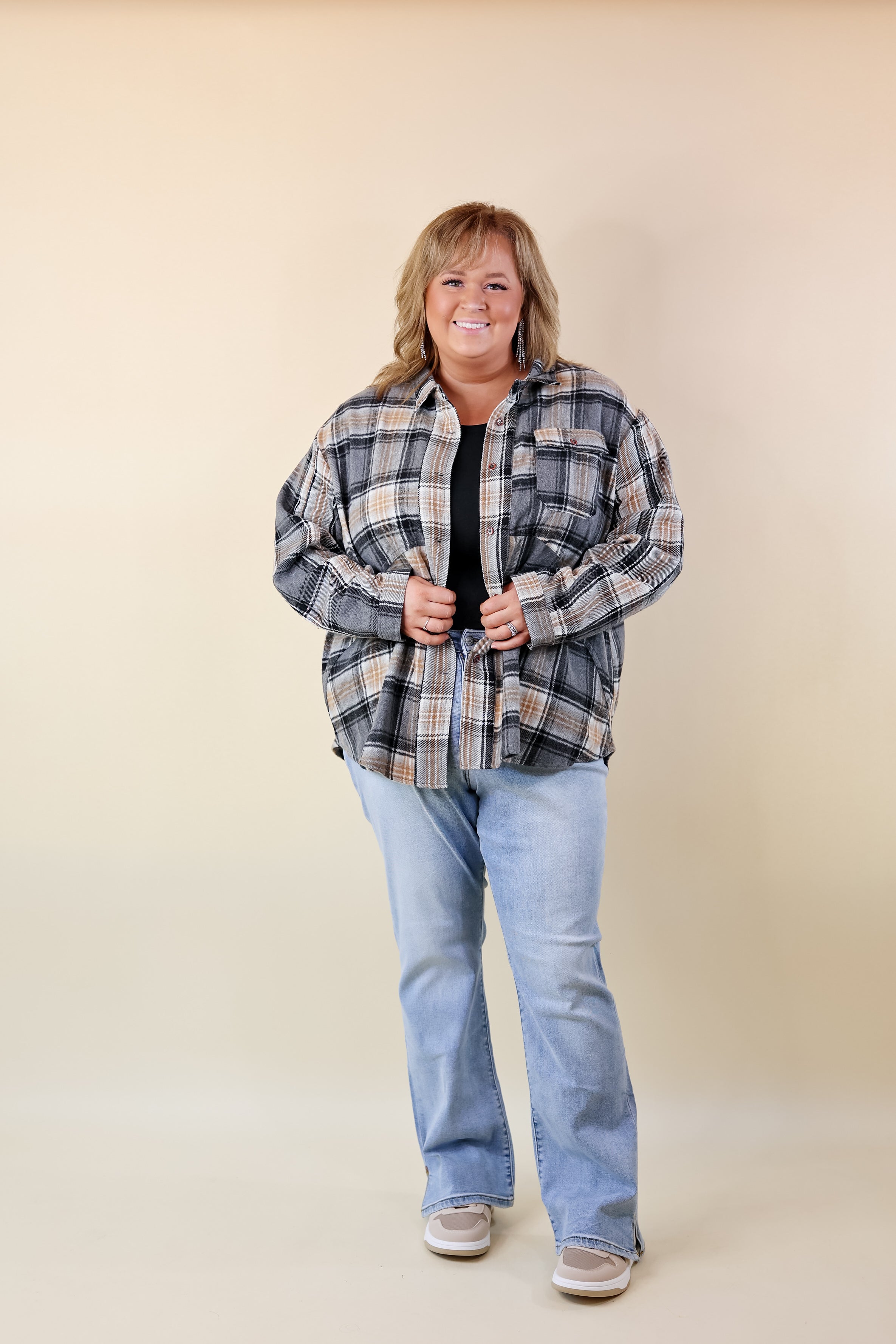 Coffee At Sunrise Button Up Plaid Shacket with Long Sleeves in Grey - Giddy Up Glamour Boutique