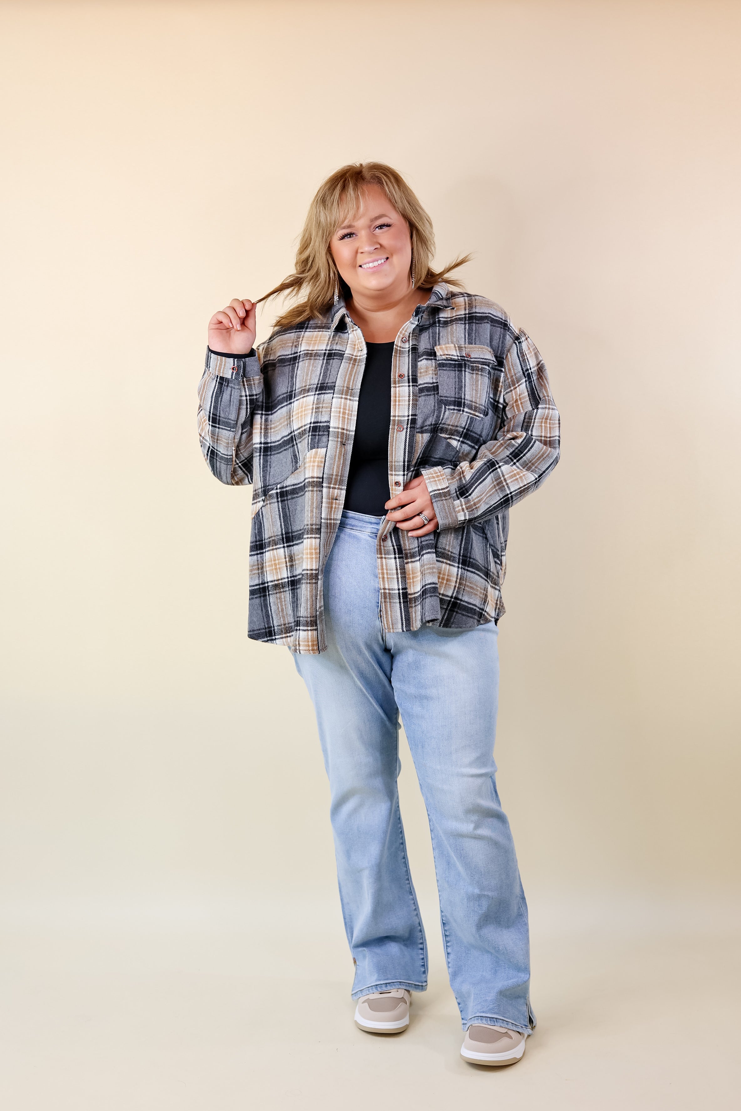 Coffee At Sunrise Button Up Plaid Shacket with Long Sleeves in Grey - Giddy Up Glamour Boutique