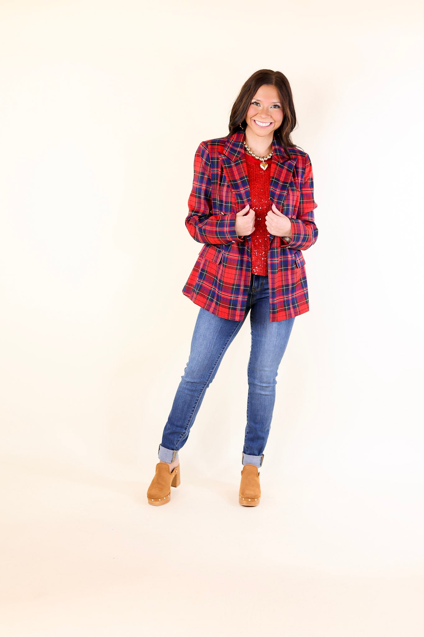 Endless Cheer Plaid Blazer with Gold Buttons in Blue and Red