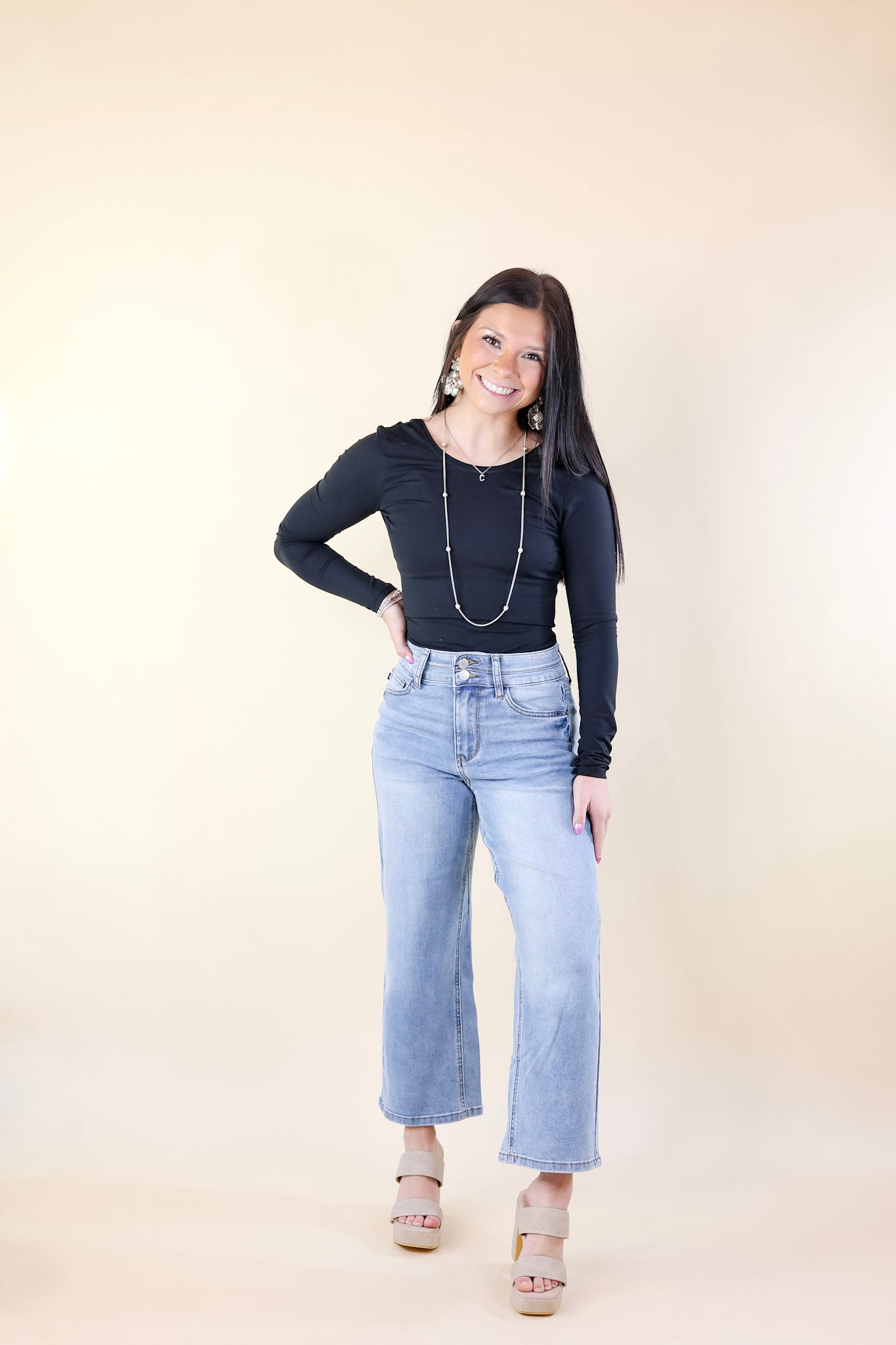 Judy Blue | Fashion Forward Double Waistband Wide Leg Cropped Jeans in Medium Wash - Giddy Up Glamour Boutique
