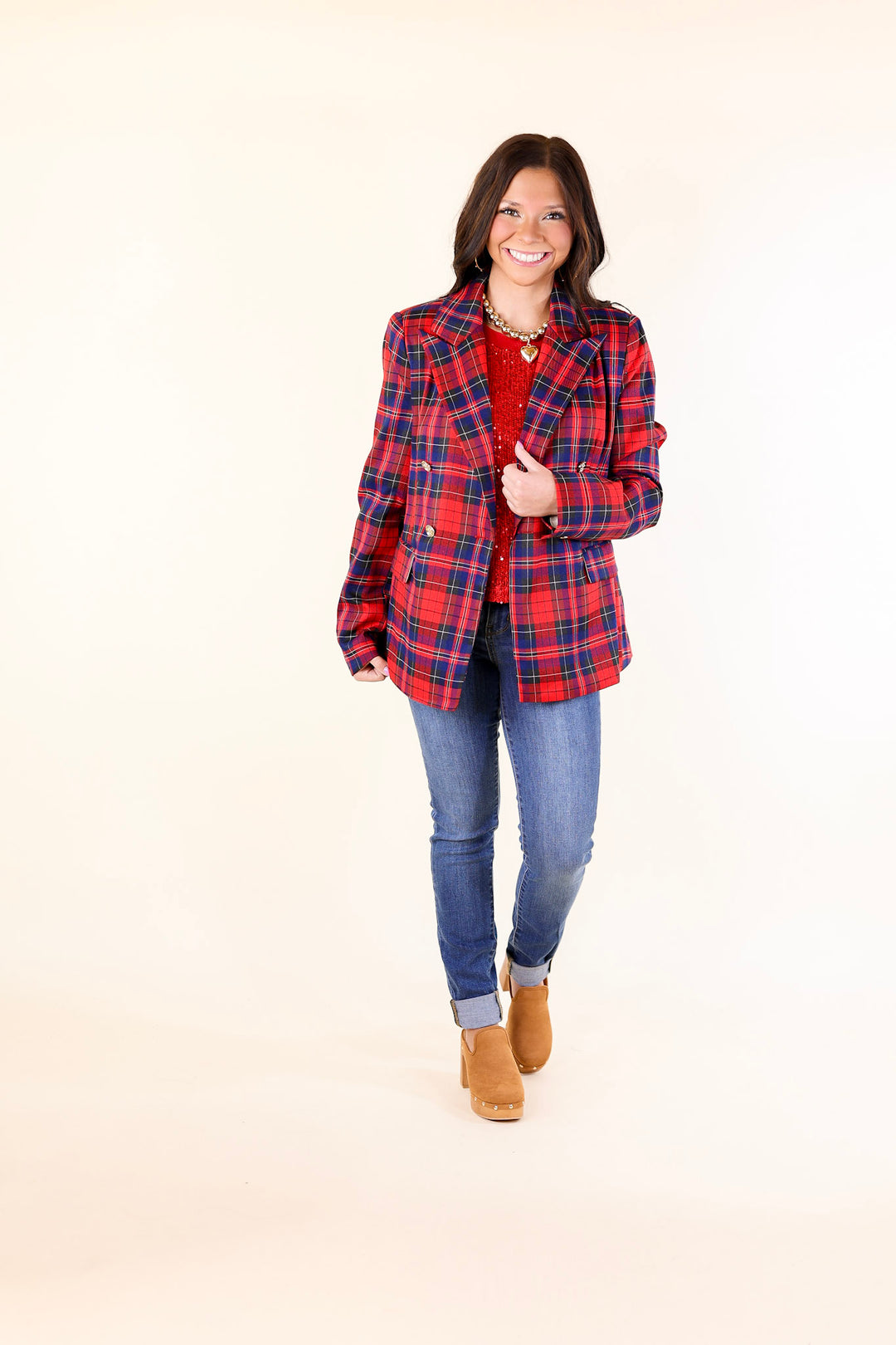 Endless Cheer Plaid Blazer with Gold Buttons in Blue and Red