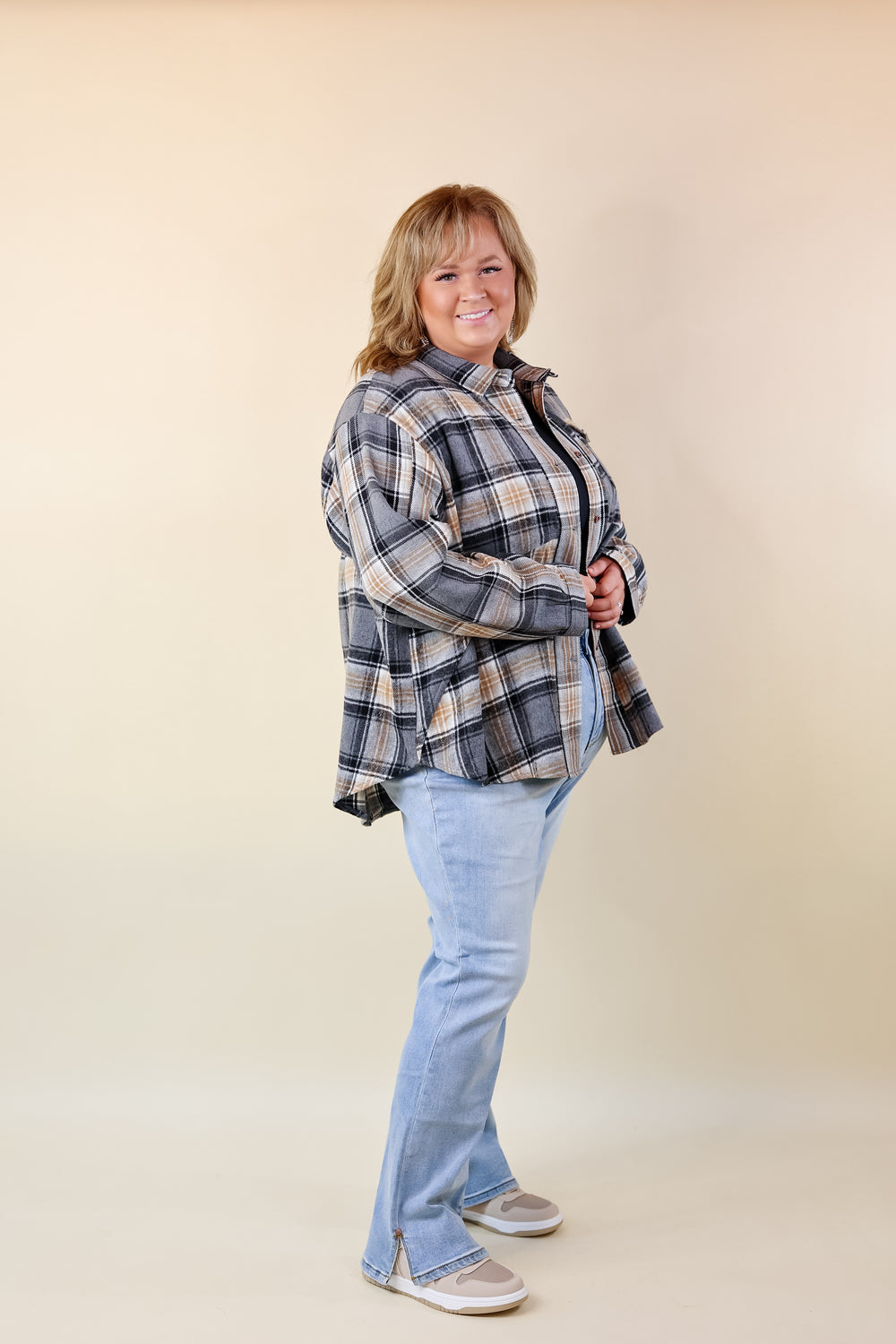 Coffee At Sunrise Button Up Plaid Shacket with Long Sleeves in Grey - Giddy Up Glamour Boutique