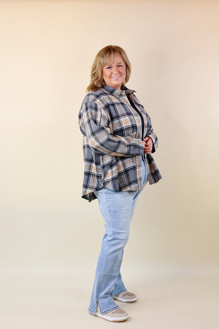 Coffee At Sunrise Button Up Plaid Shacket with Long Sleeves in Grey - Giddy Up Glamour Boutique