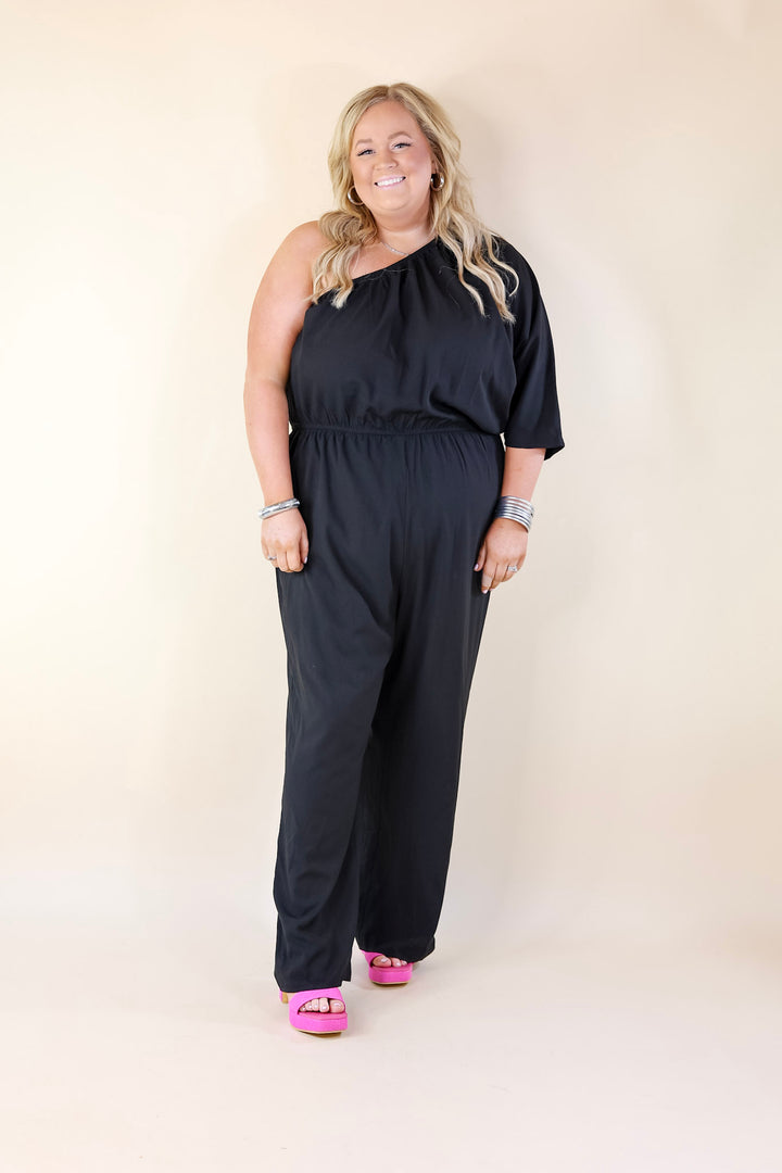 Ready To Wow One Shoulder Wide Leg Jumpsuit in Black - Giddy Up Glamour Boutique