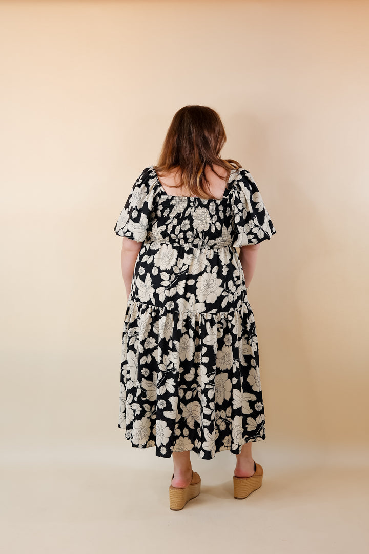 Floral Fascination Tiered Midi Dress in Black and White - Giddy Up Glamour Boutique