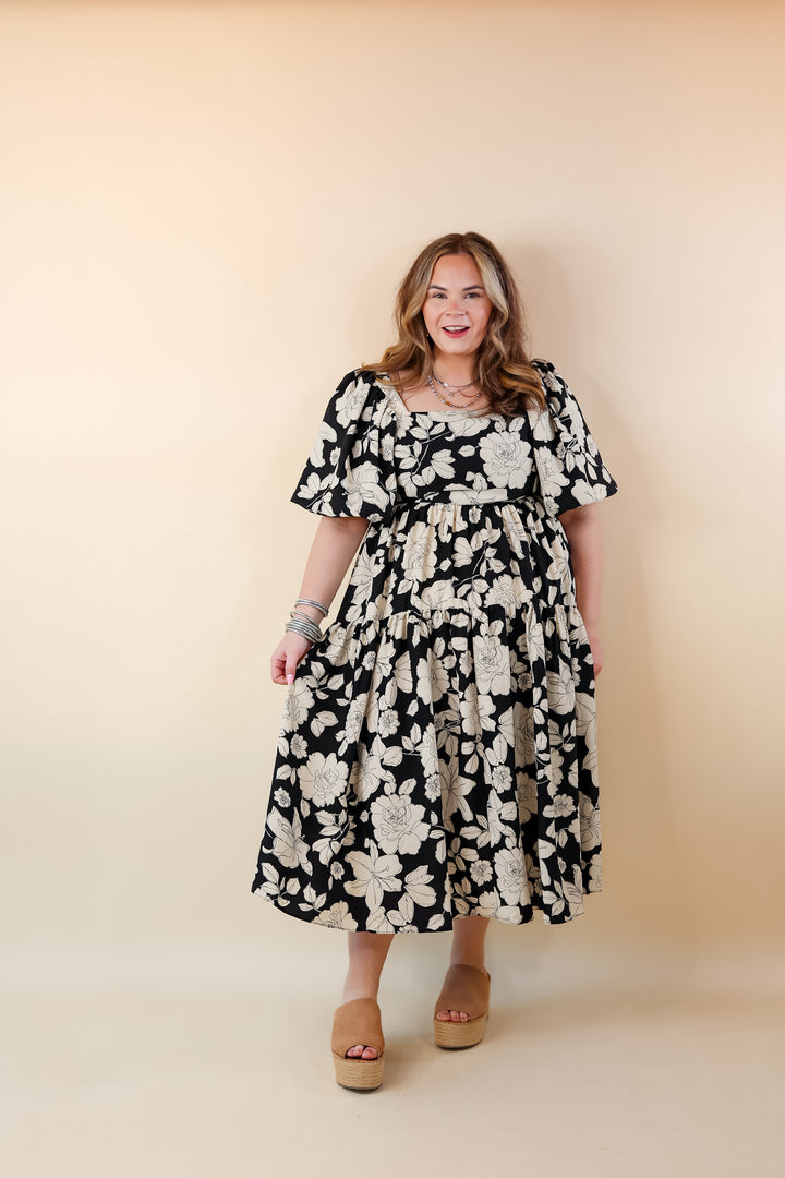 Floral Fascination Tiered Midi Dress in Black and White - Giddy Up Glamour Boutique