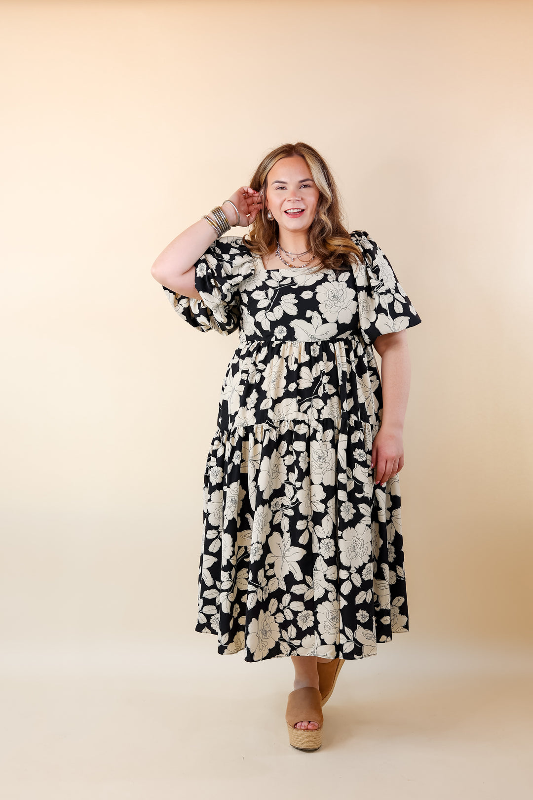 Floral Fascination Tiered Midi Dress in Black and White - Giddy Up Glamour Boutique