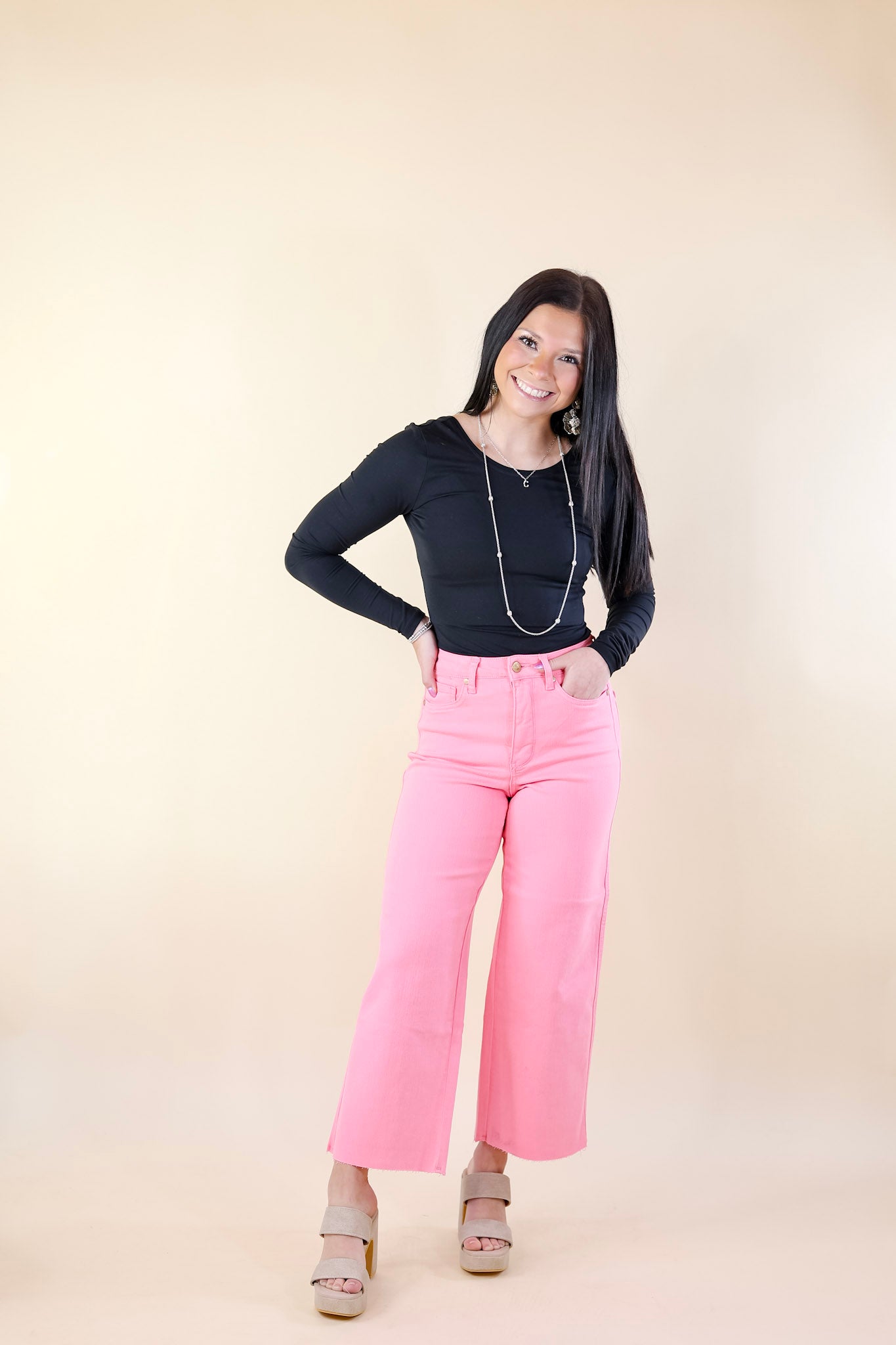 Judy Blue | Sign Me Up Tummy Control Cropped Wide Leg Jeans in Pink - Giddy Up Glamour Boutique