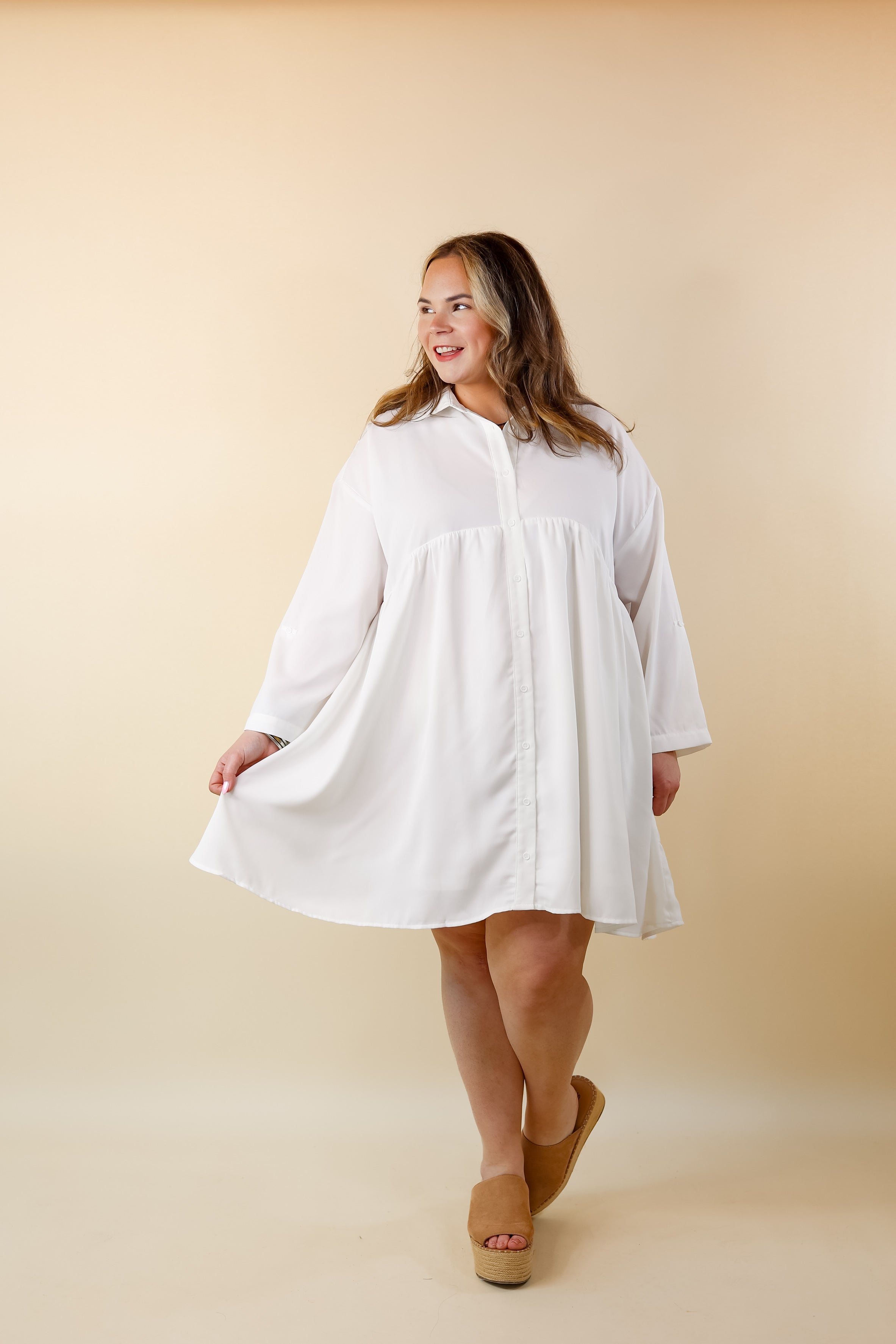 Risky Business Button Up Babydoll Dress in White - Giddy Up Glamour Boutique