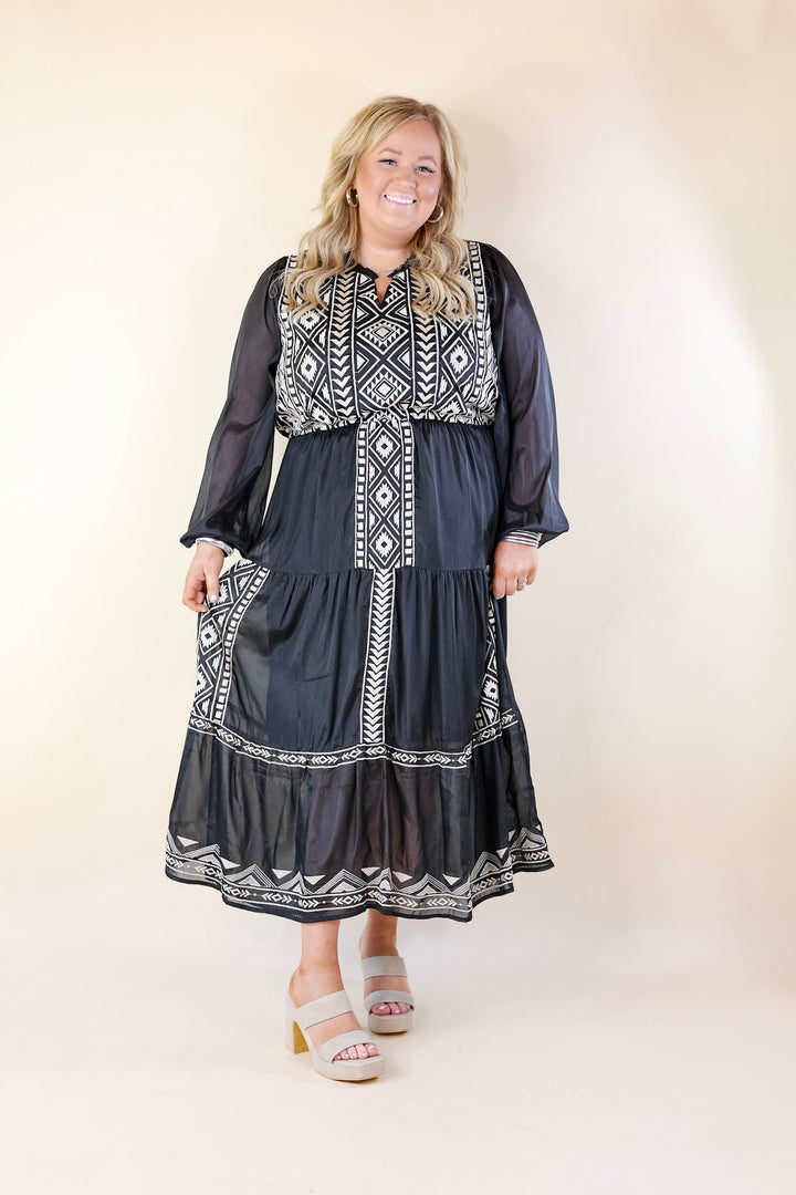 Bring The Drama Ivory Embroidered Maxi Dress with Long Sleeves in Black - Giddy Up Glamour Boutique