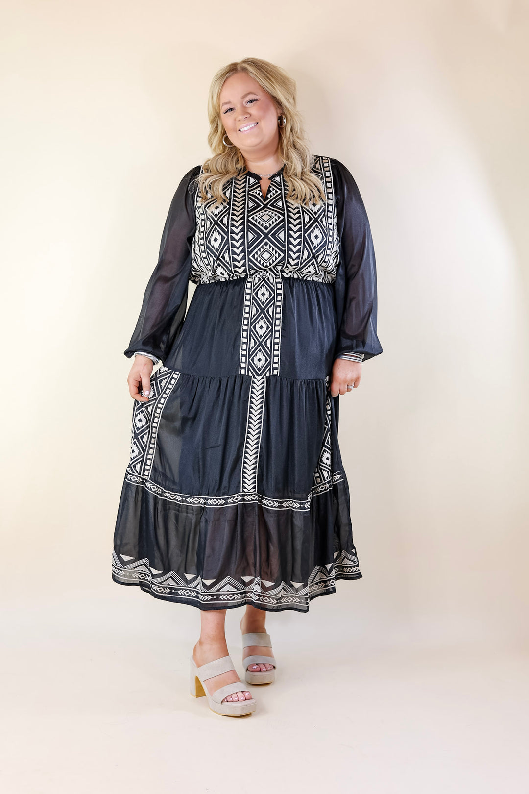 Bring The Drama Ivory Embroidered Maxi Dress with Long Sleeves in Black - Giddy Up Glamour Boutique