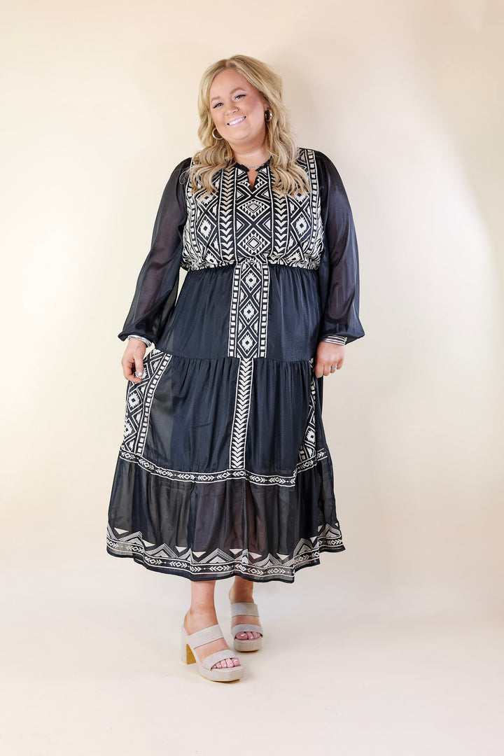 Bring The Drama Ivory Embroidered Maxi Dress with Long Sleeves in Black - Giddy Up Glamour Boutique