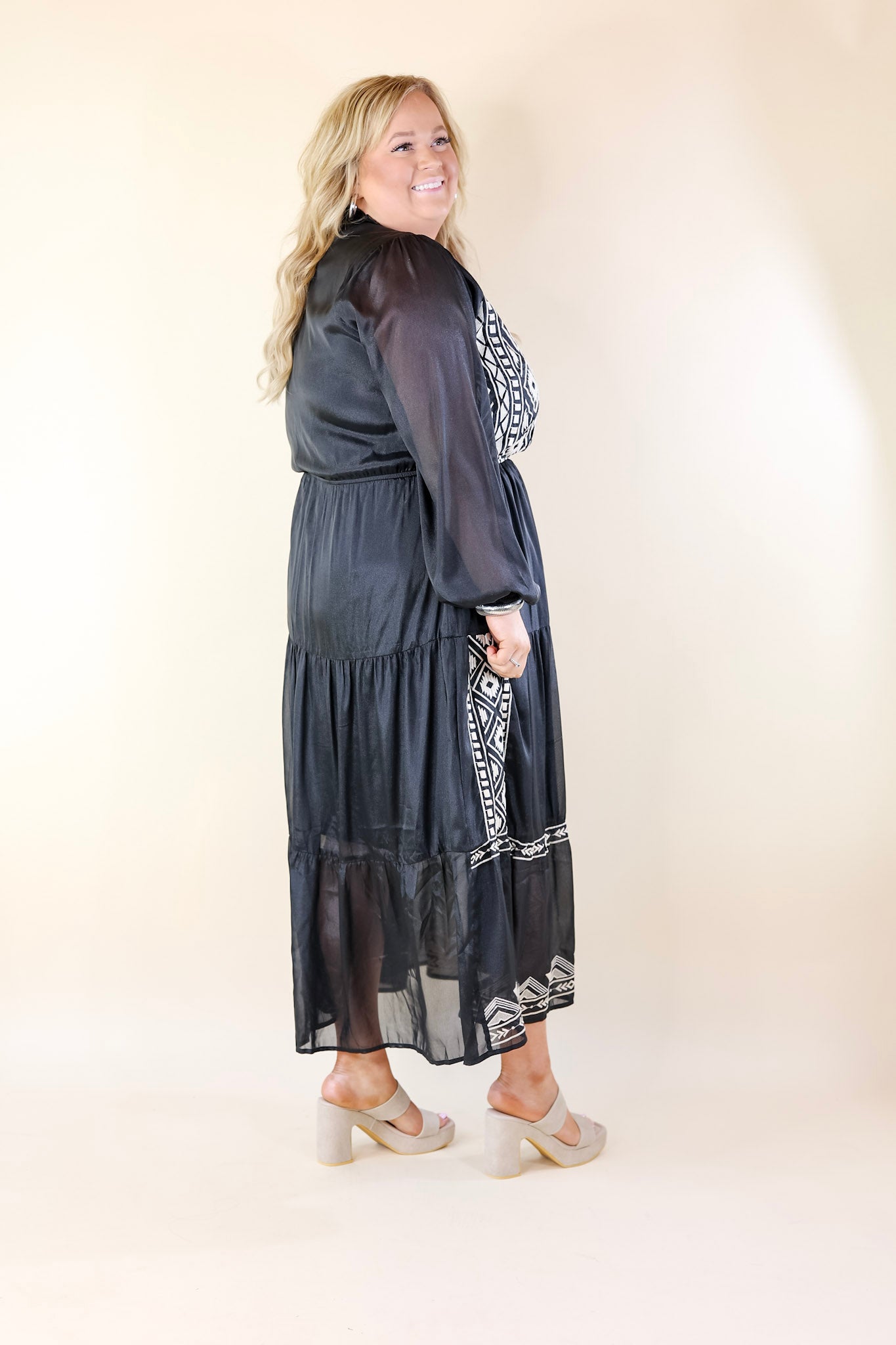 Bring The Drama Ivory Embroidered Maxi Dress with Long Sleeves in Black - Giddy Up Glamour Boutique