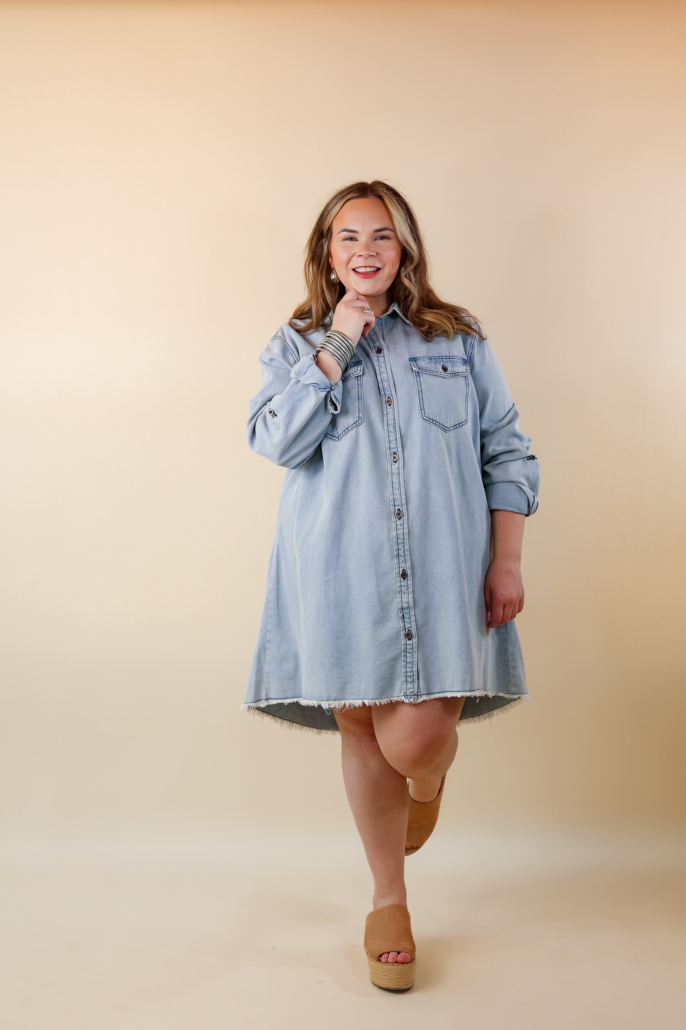 Patio Date Button Up Long Sleeve Denim Dress in Light Wash - Giddy Up Glamour Boutique