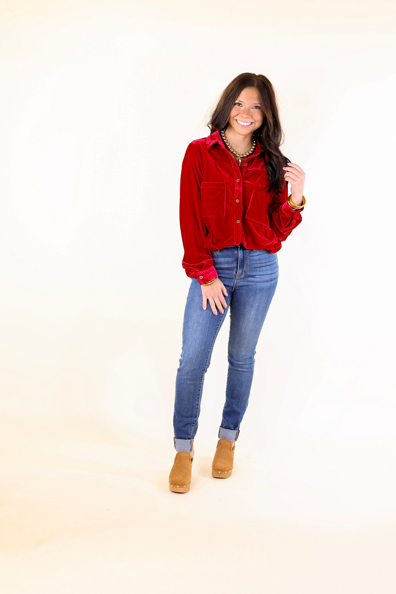 Candy Apple Evening Button Up Velvet Long Sleeve Blouse in Red