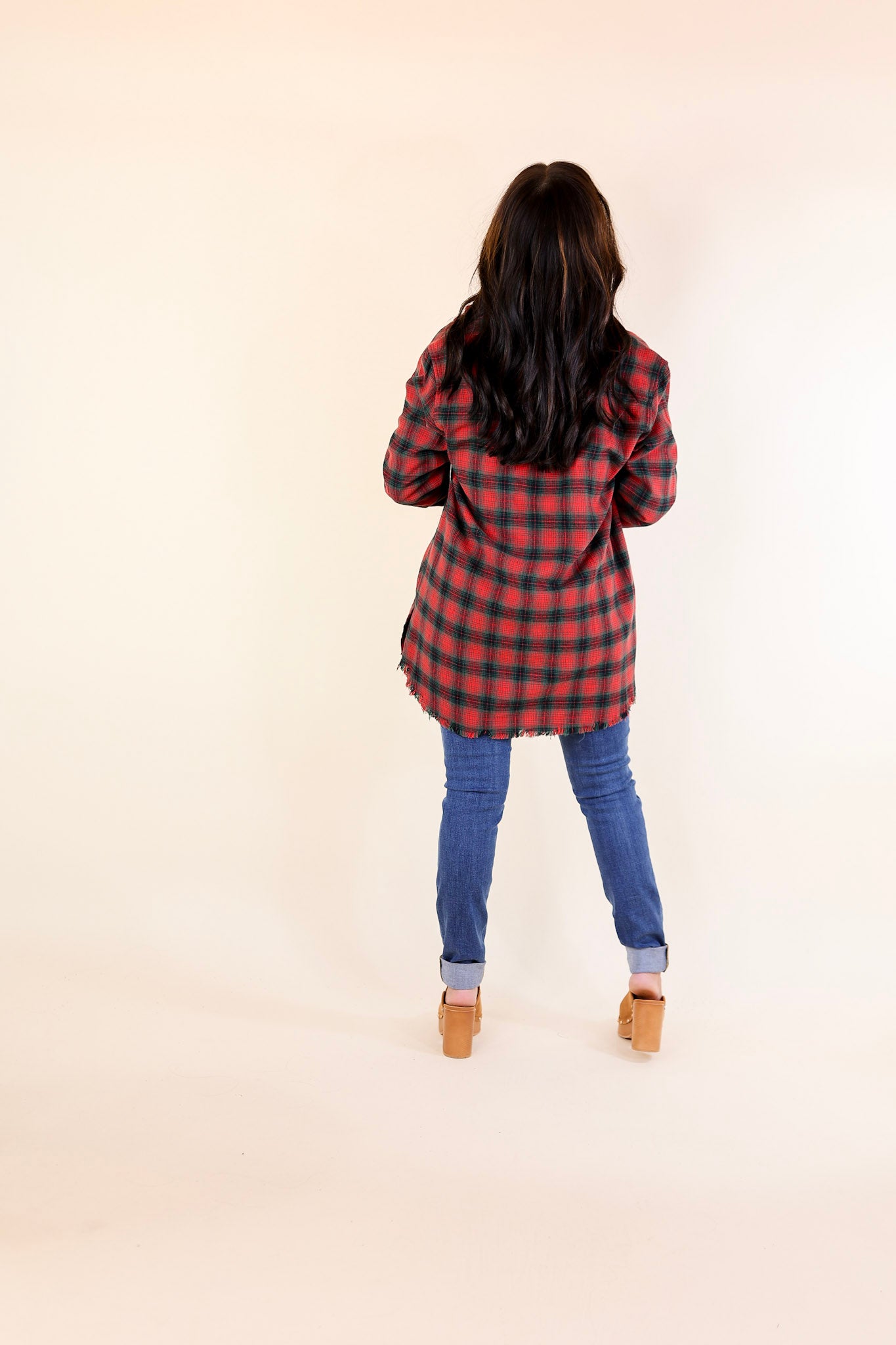 Coffee Run Button Up Plaid Flannel Top with Long Sleeves in Green and Red