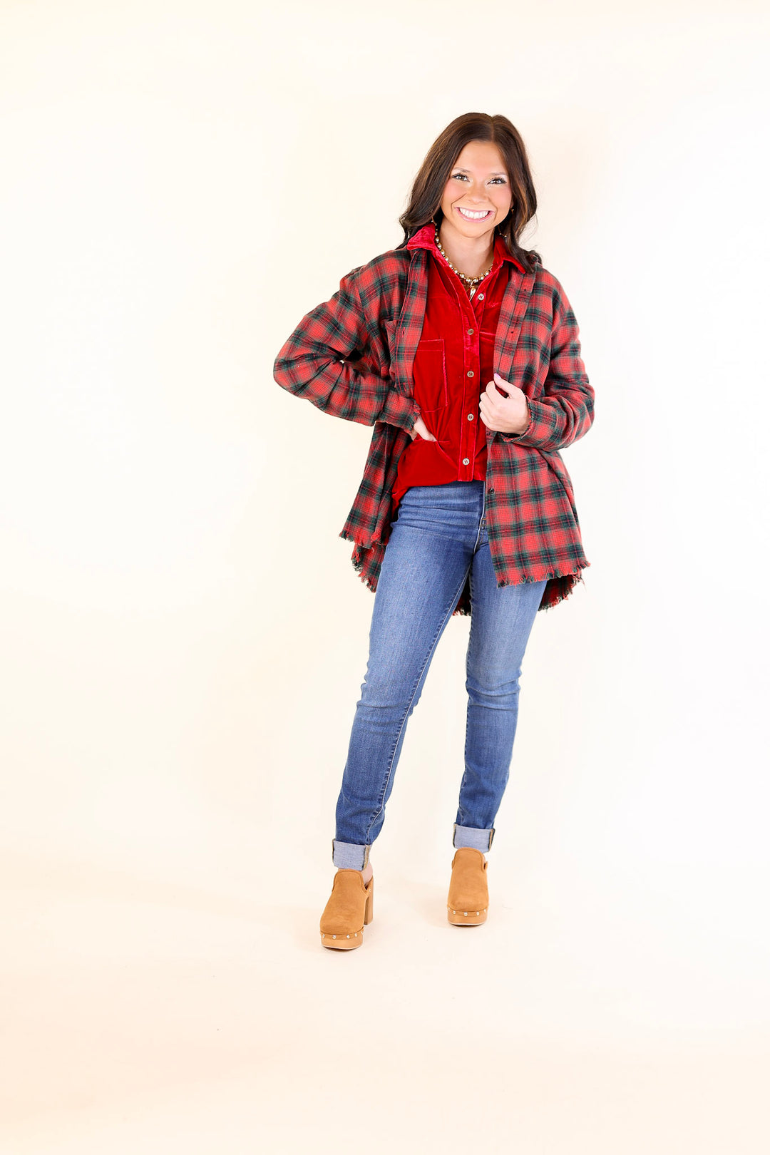 Coffee Run Button Up Plaid Flannel Top with Long Sleeves in Green and Red