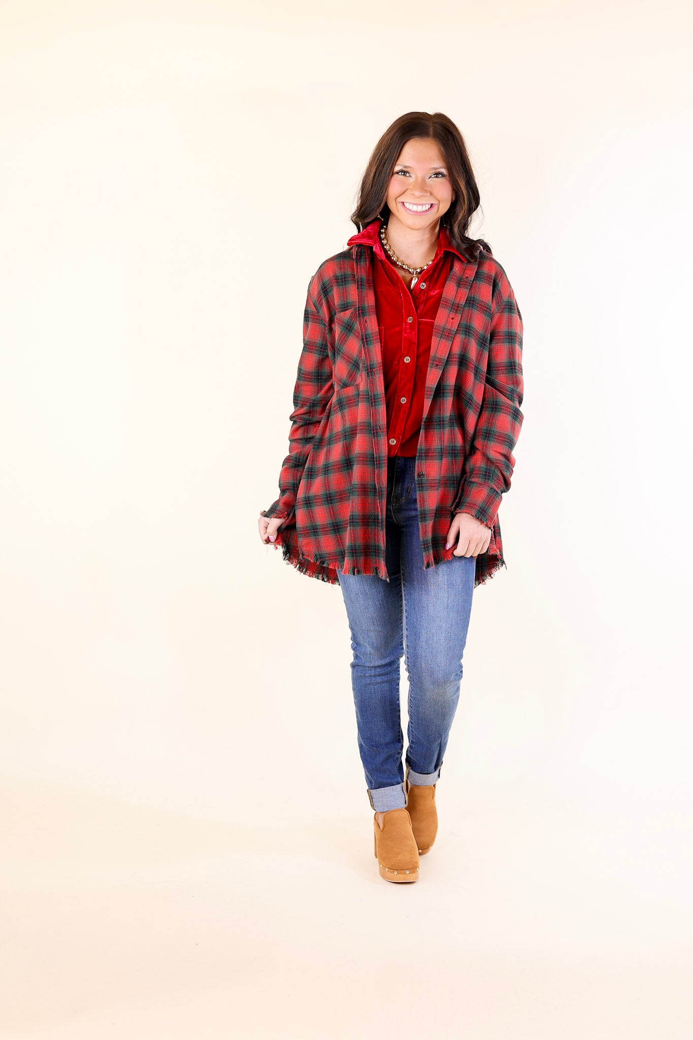 Coffee Run Button Up Plaid Flannel Top with Long Sleeves in Green and Red