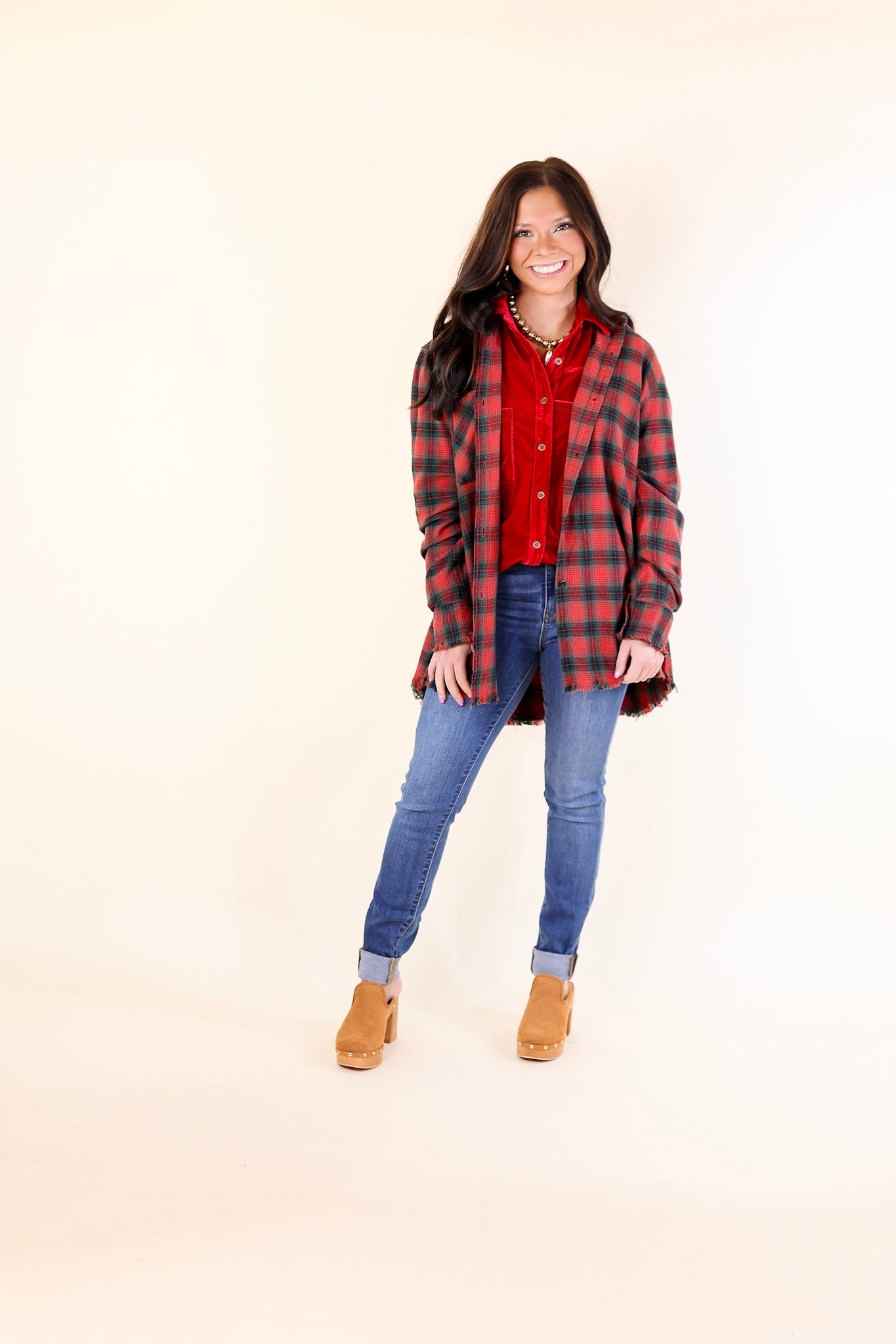 Coffee Run Button Up Plaid Flannel Top with Long Sleeves in Green and Red