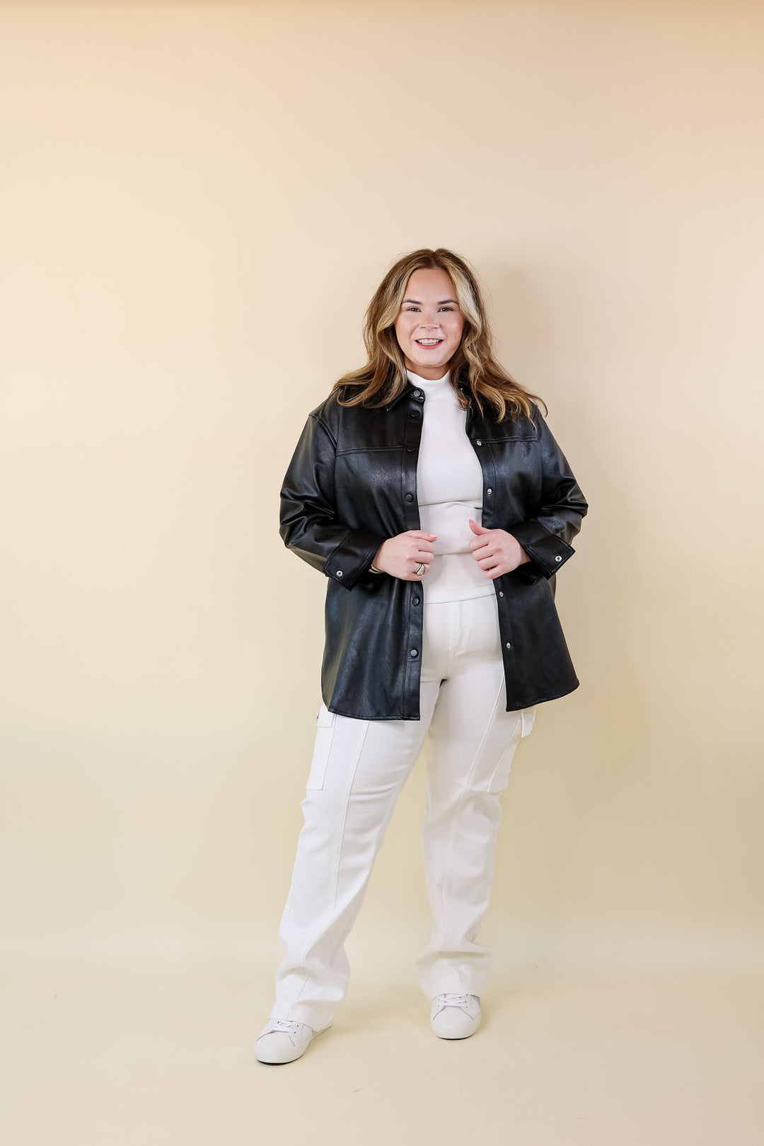 SPANX | Leather-Like Long Sleeve Oversized Shacket in Black LP - Giddy Up Glamour Boutique