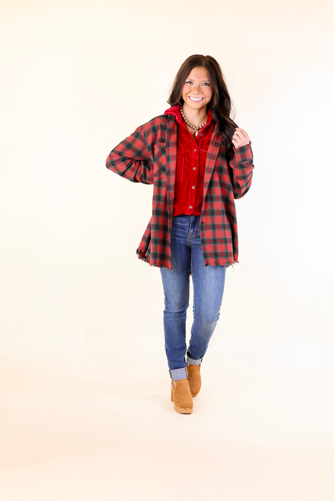 Coffee Run Button Up Plaid Flannel Top with Long Sleeves in Green and Red