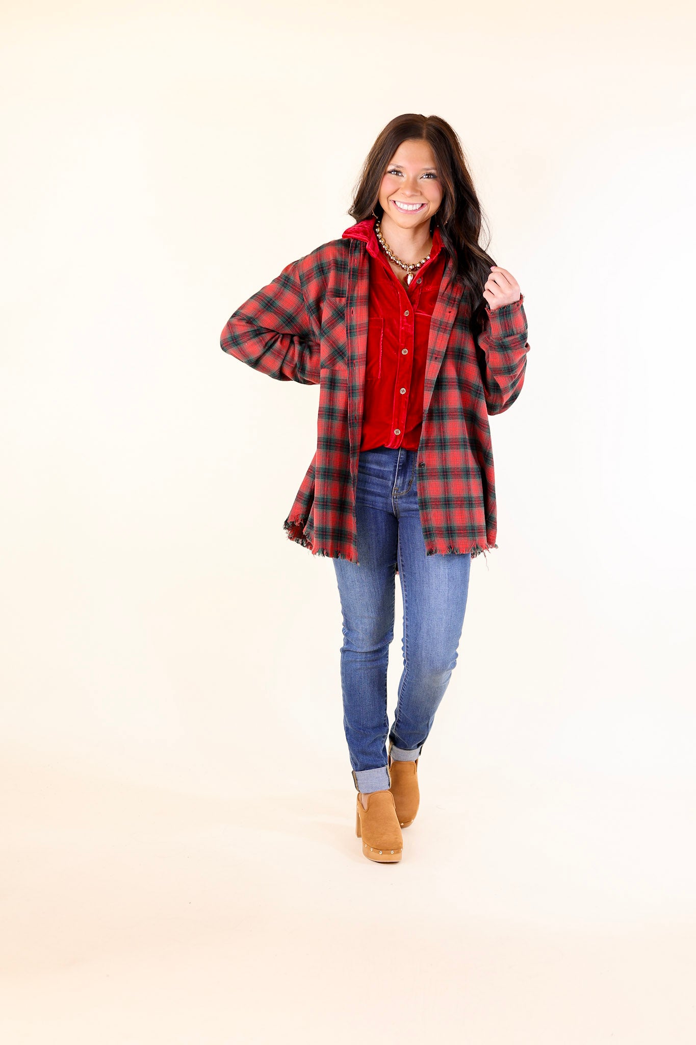 Coffee Run Button Up Plaid Flannel Top with Long Sleeves in Green and Red