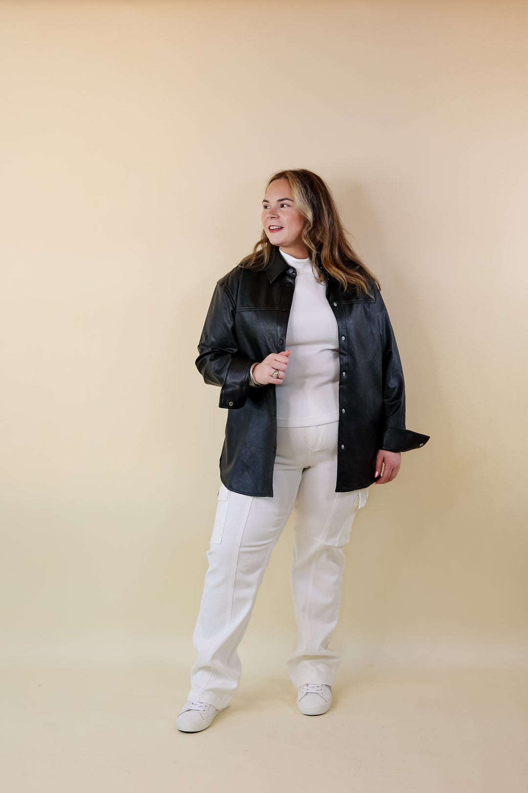 SPANX | Leather-Like Long Sleeve Oversized Shacket in Black LP - Giddy Up Glamour Boutique