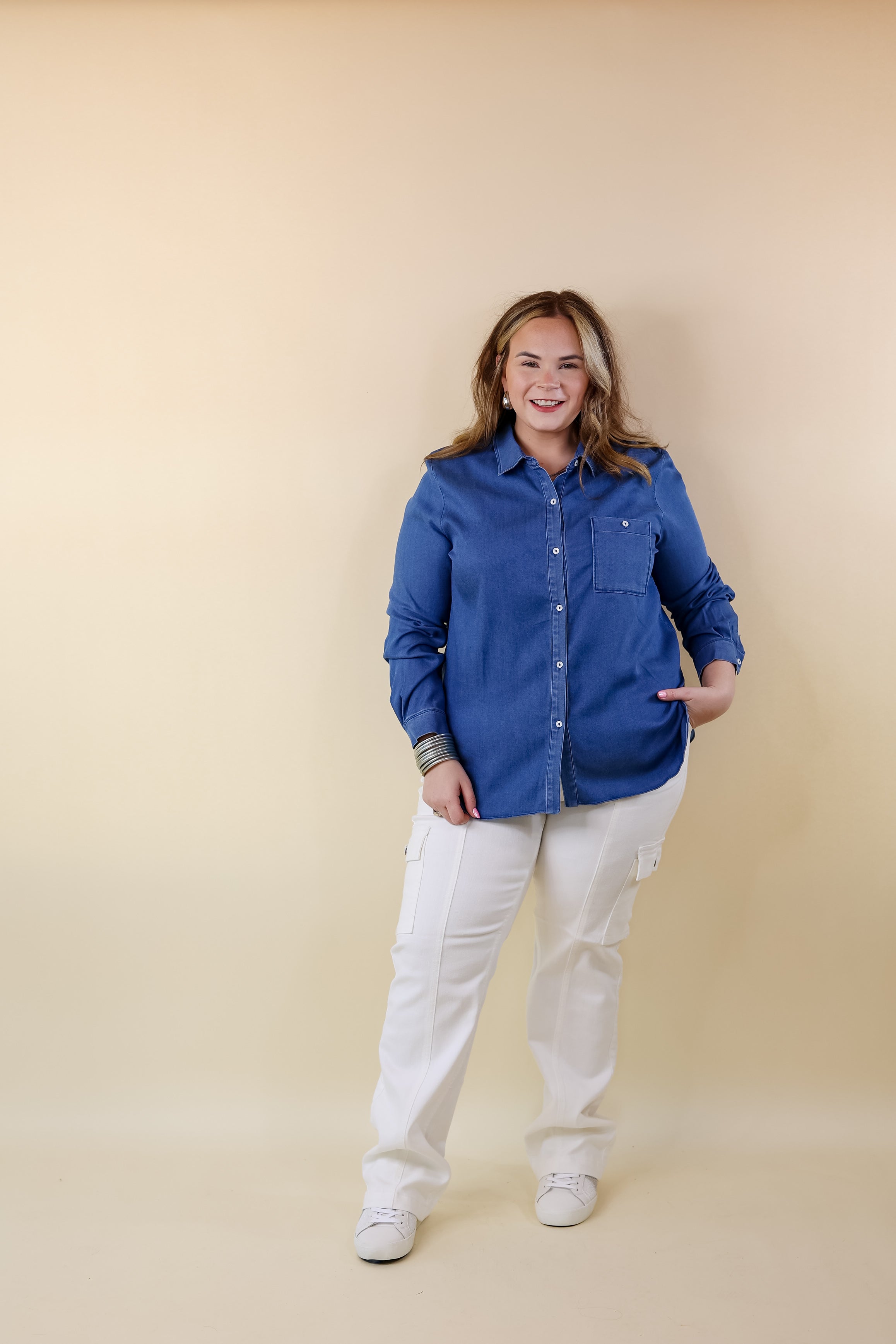 Lyssé | Drew Button Down Chambray Denim Shirt in Mid Wash - Giddy Up Glamour Boutique
