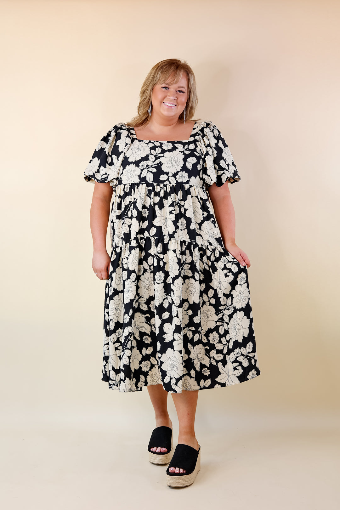 Floral Fascination Tiered Midi Dress in Black and White - Giddy Up Glamour Boutique
