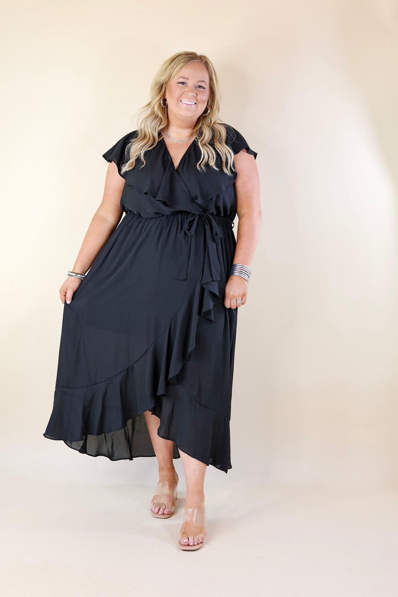Tranquil Touch Ruffle Midi Dress with Waist Tie in Black - Giddy Up Glamour Boutique