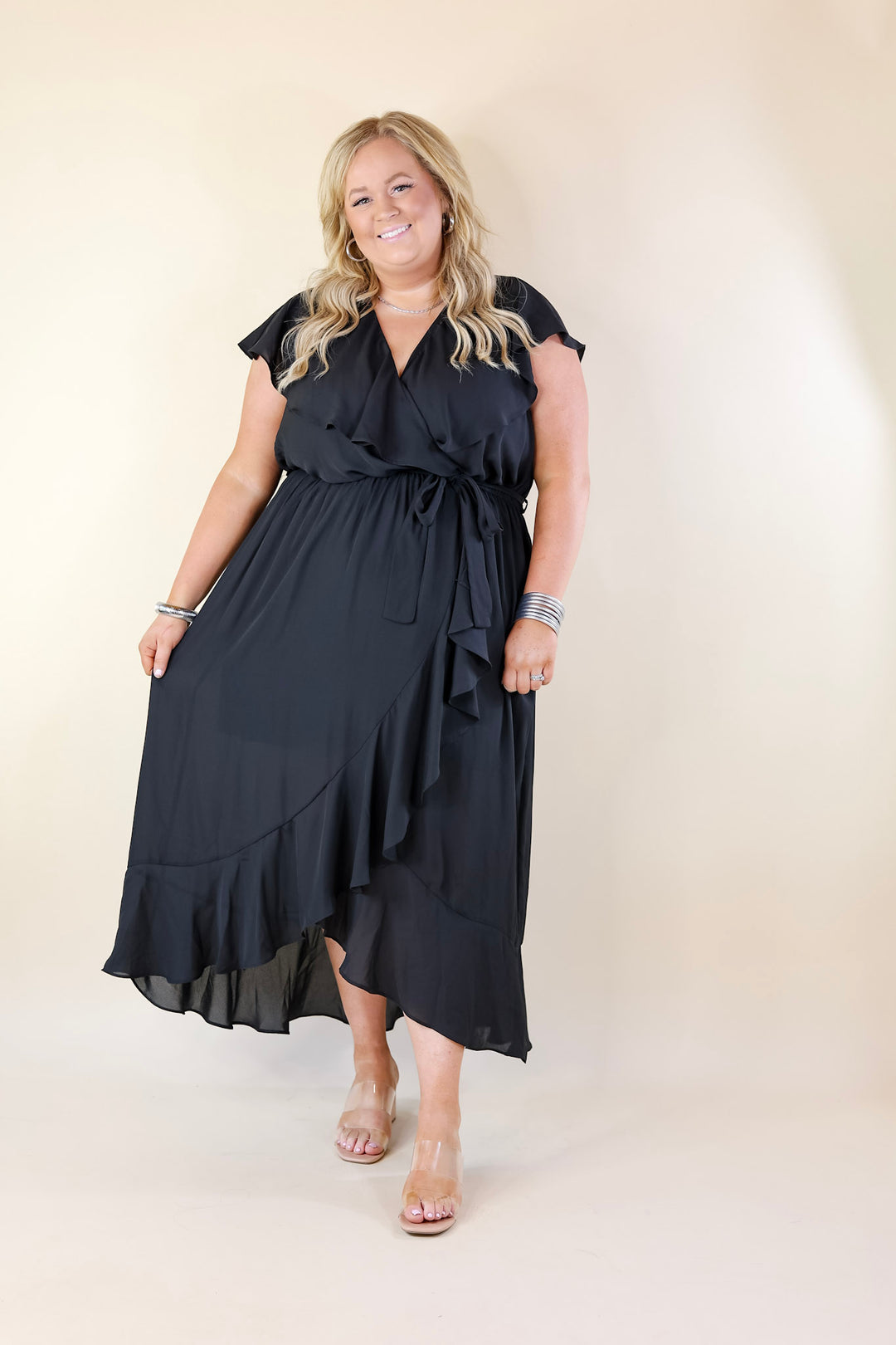 Tranquil Touch Ruffle Midi Dress with Waist Tie in Black - Giddy Up Glamour Boutique