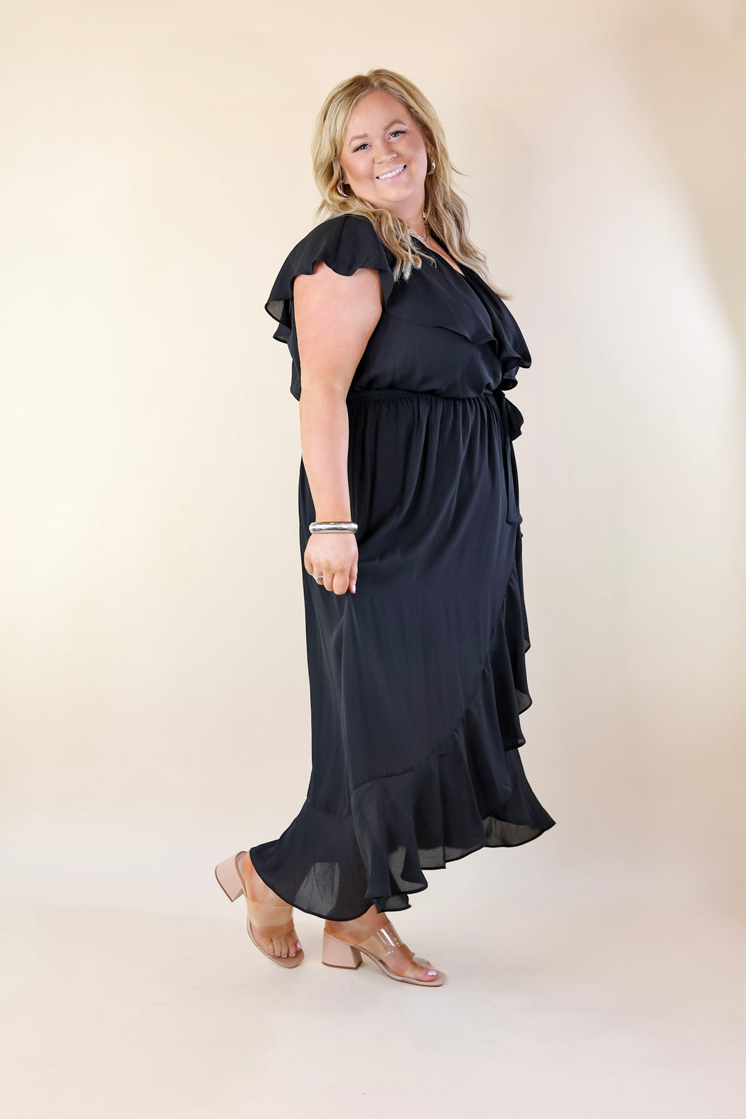 Tranquil Touch Ruffle Midi Dress with Waist Tie in Black - Giddy Up Glamour Boutique