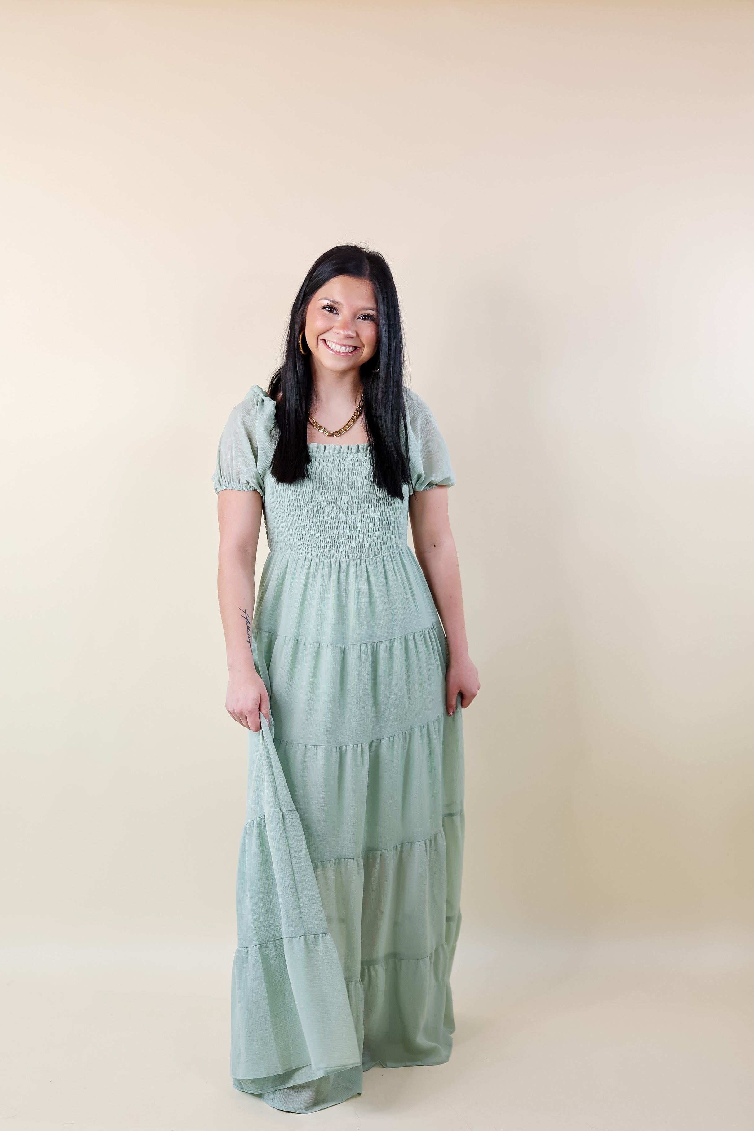Honeysuckle Love Tiered Maxi Dress with Smocked Bodice in Sage Green - Giddy Up Glamour Boutique