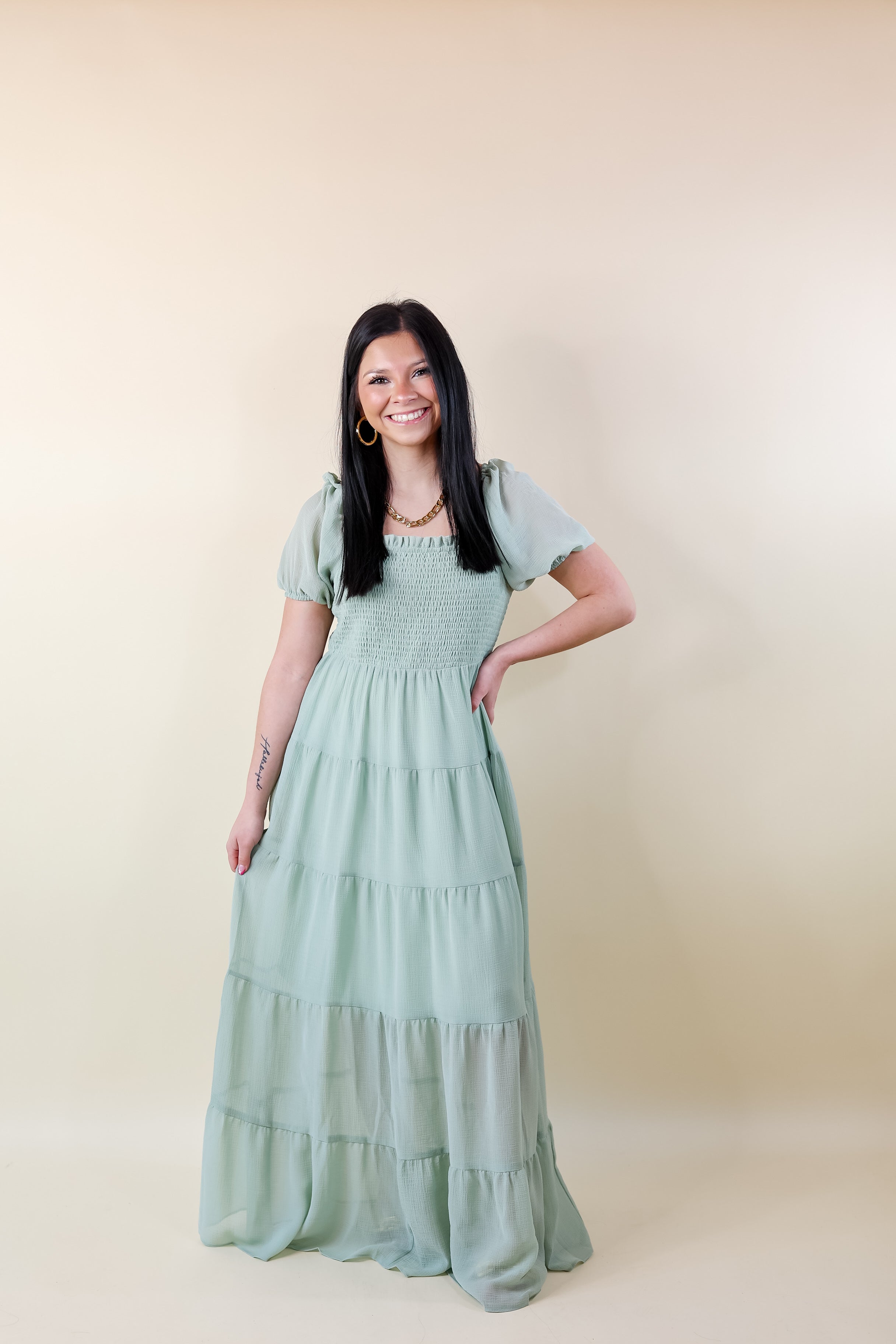 Honeysuckle Love Tiered Maxi Dress with Smocked Bodice in Sage Green - Giddy Up Glamour Boutique
