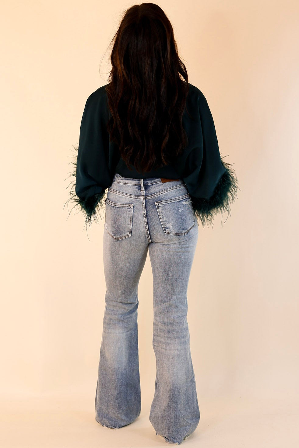 Party Plans V Neck Bodysuit with Feather Sleeves in Teal